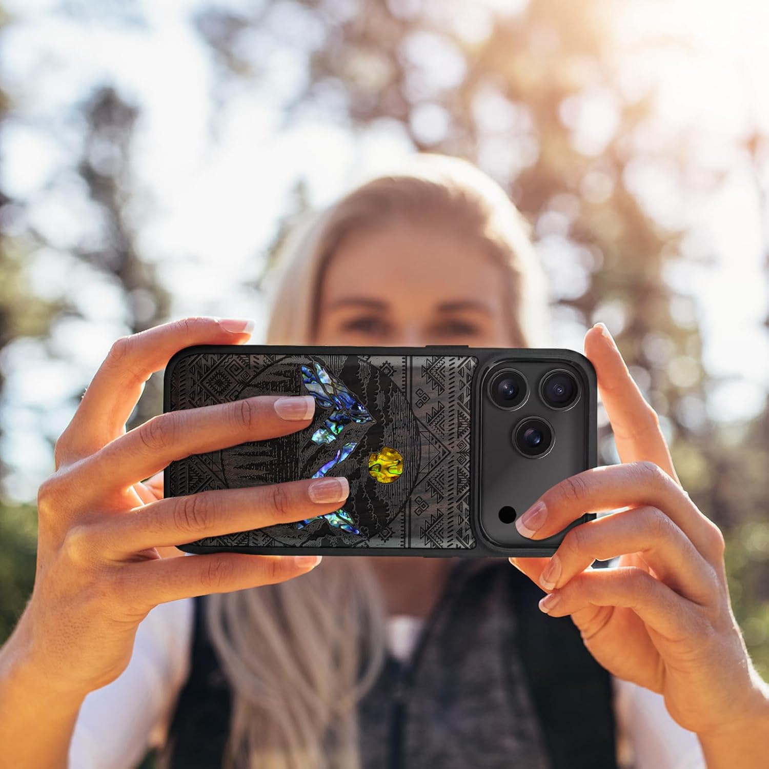 Carveit Magnetic Case for iPhone 17 Pro Case, Wood Artisan Engraved & Handmade Shell Inlaid, TPU Shockproof Cover, Compatible with MagSafe Wireless Chargers (Aztec Style Alpine Lakes-Blackwood)