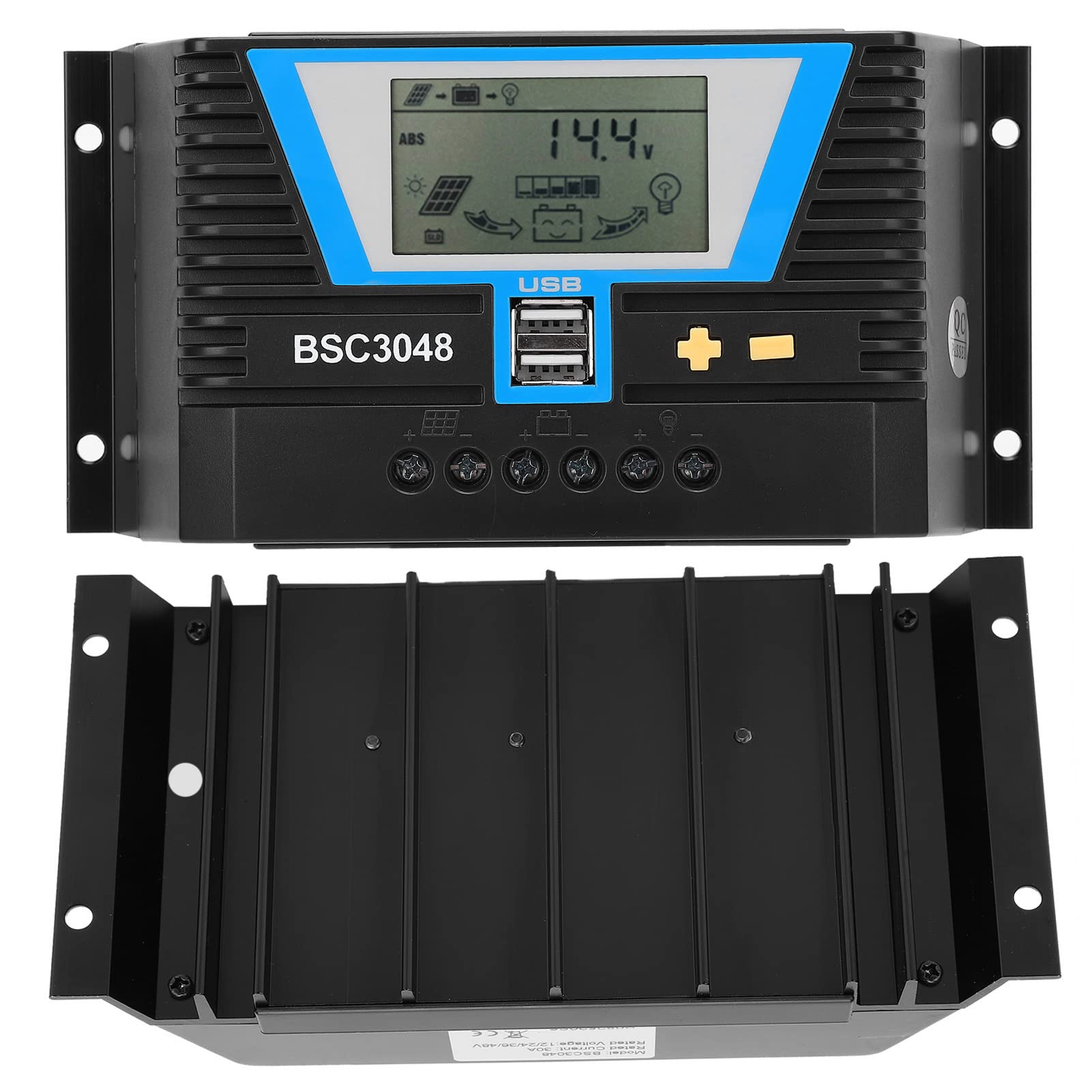 Regulador de carga solar, regulador solar, resistente al agua, control de carga con pantalla LCD, batería de litio, compatible con controlador solar BSC3048, 30 A, 12 V/24 V/36 V/48 V