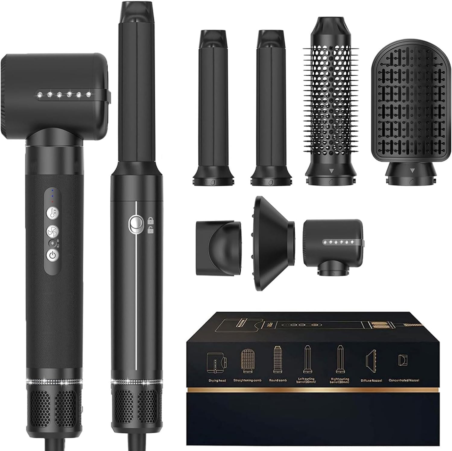 7 in 1 Hair Dryer Brush, Hot Air Brush 110000 RPM High Speed Hair Dryer with Detachable Hair Styling Tools, Ionic Hair Dryer, Air Curling Iron, Curling Brush, Hair Straightener Brush (Black)