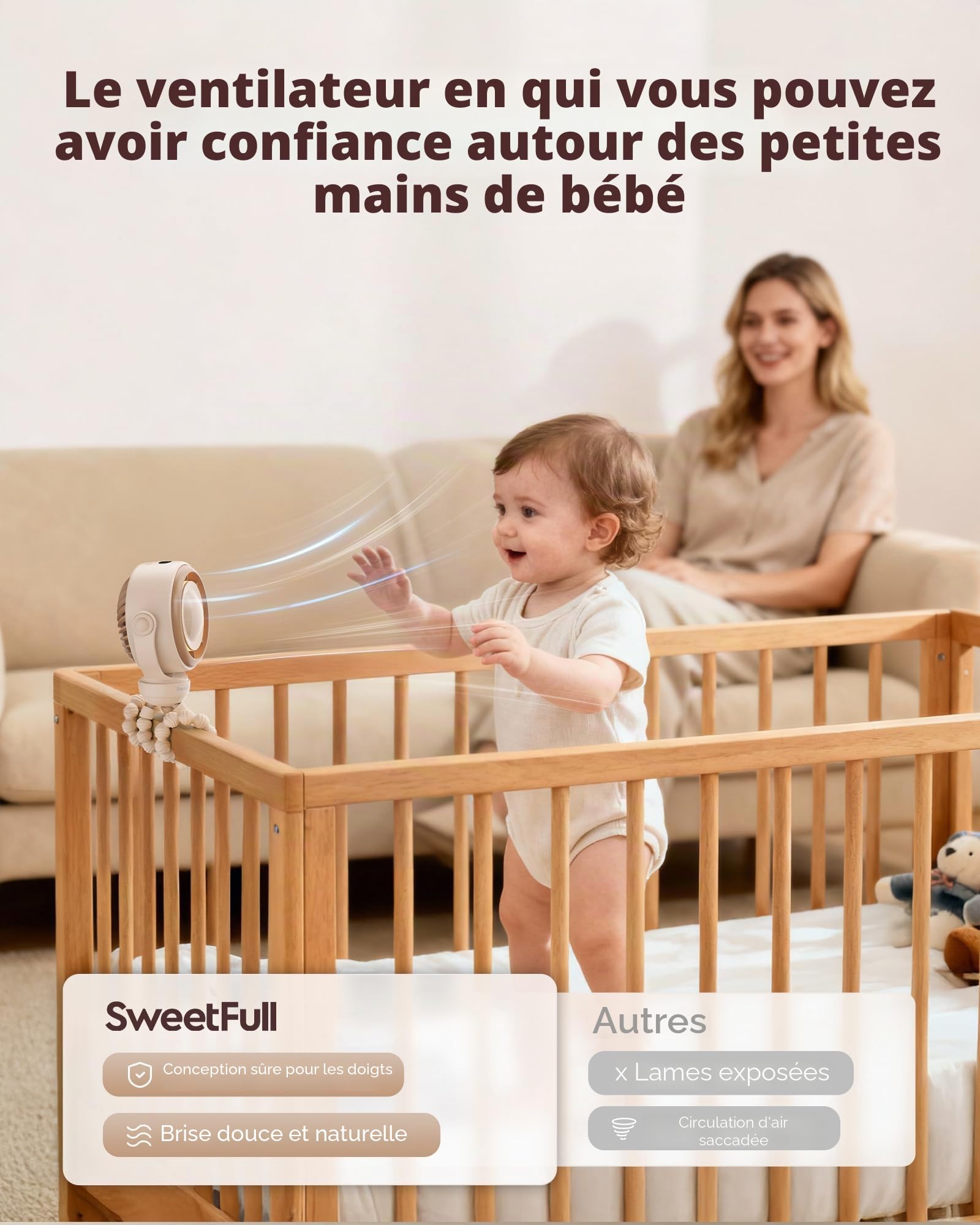 SWEETFULL Ventilateur Poussette Bébé Silencieux - 4000mAh Rechargeable avec Clip, Rotatif à 360° Mini Ventilateur Portable avec Écran LED & Veilleuse pour Poussette, Siège Auto et Voyage