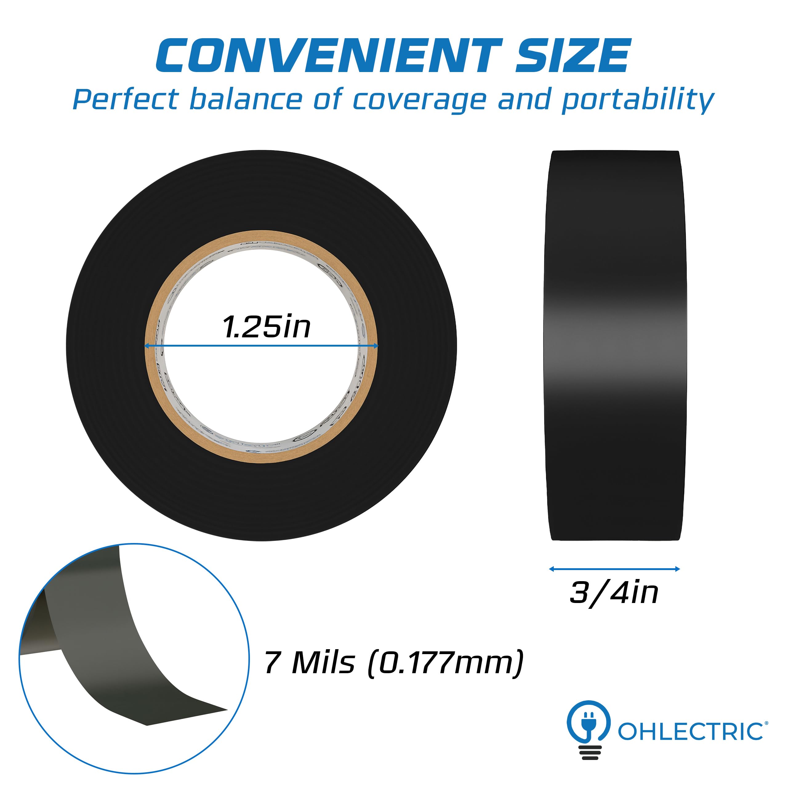OhLectric Cinta eléctrica de vinilo de grado profesional – 7 Mil de grosor, resistente, ignífuga, resistente al calor, 3/4 pulgadas x 60 pies – UL, lista CSA (paquete de 10)