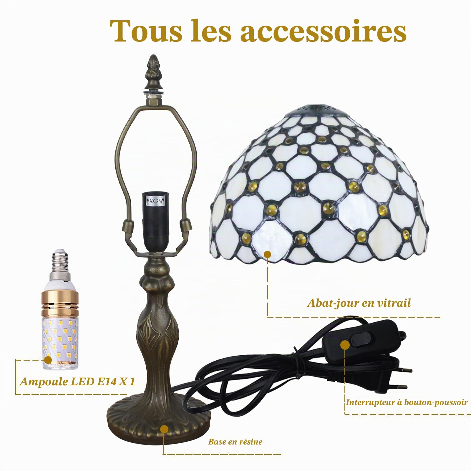 Tiffany-Style 8 Pouces Lampe De Table Vitrail Perles Abat-Jour Petite Lampe De Chevet Lecture Antique Lampe De Bureau Salon Chambre Bureau Vintage Art Déco Victorien