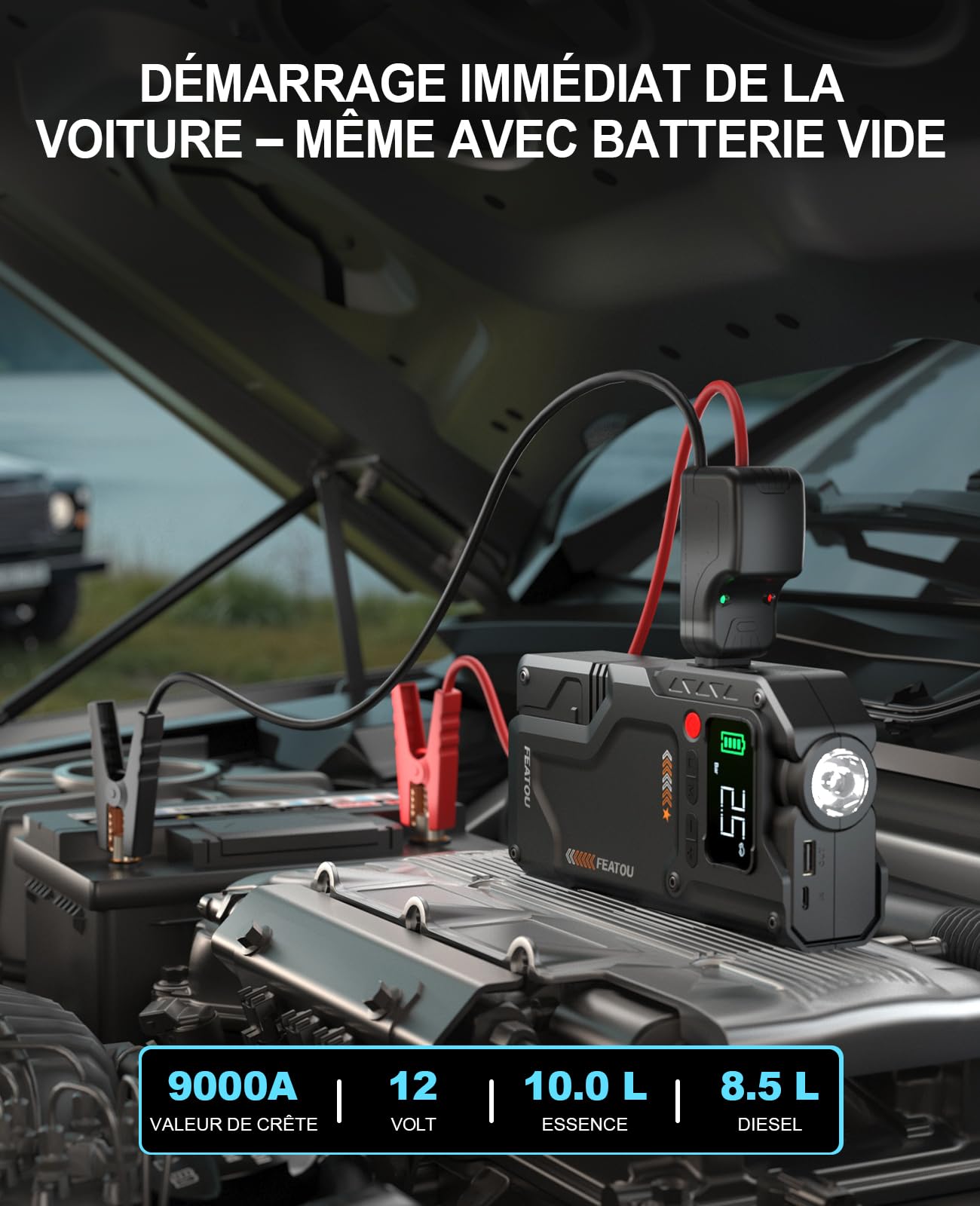 Booster Batterie Voiture 9000A avec Compresseur 150PSI Démarreur 12V et LED