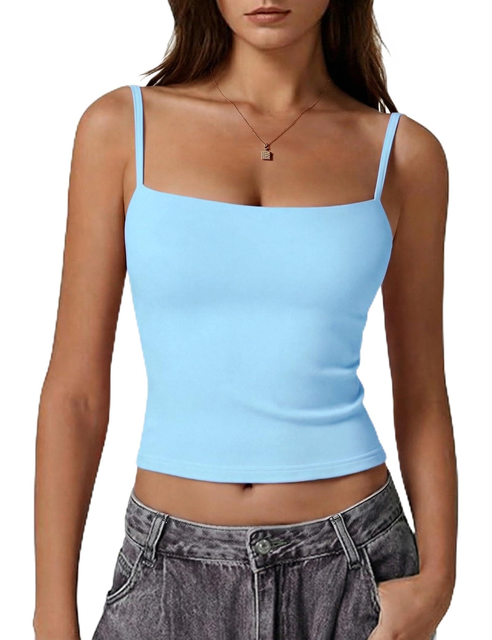 Gyabnw Damen Tank Top Y2K Doppellagiges Slim Fit Spaghetti T-Shirt mit Verstellbaren Schulterträgern