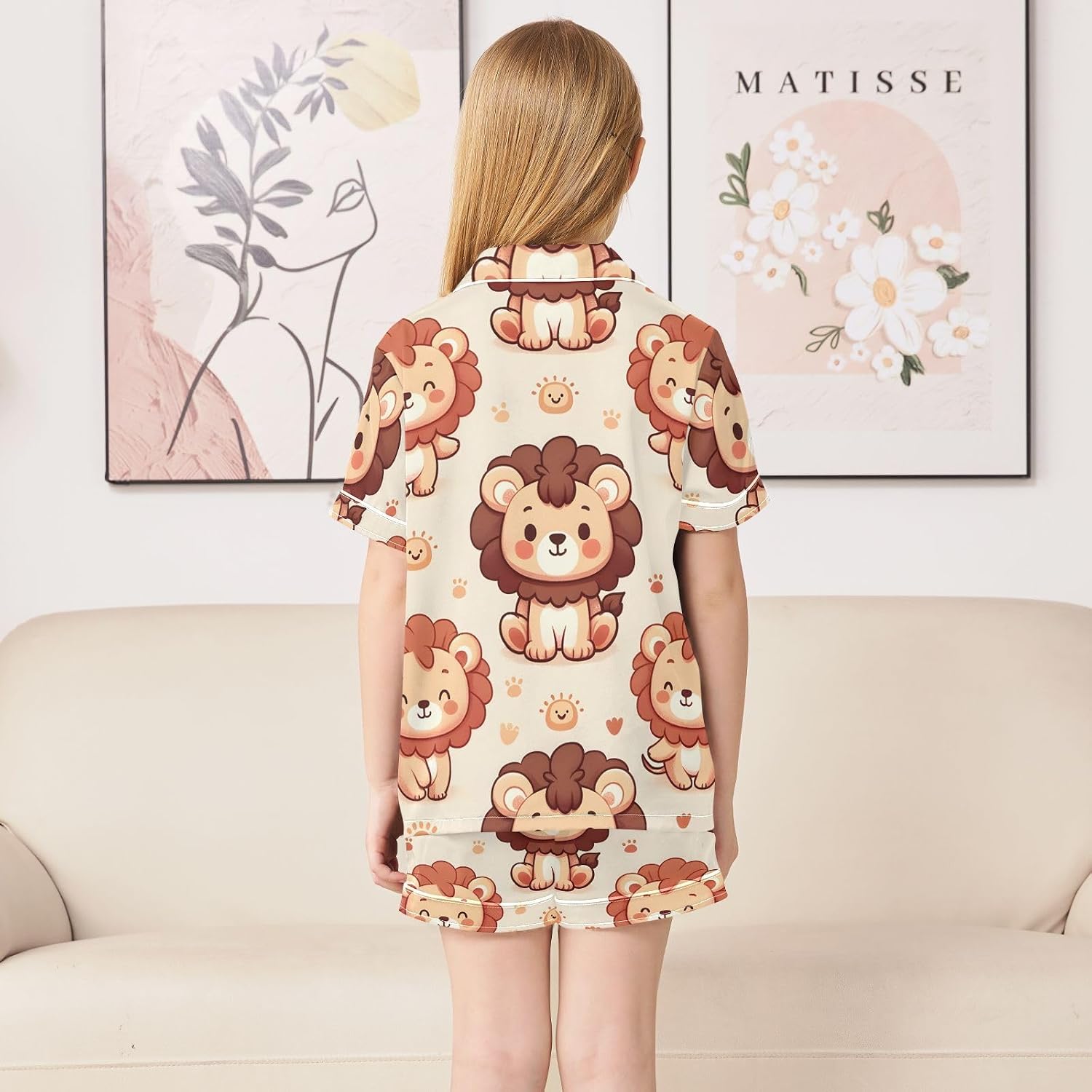 Kids Casual Satin Wear Set Pattern with Cute Lion Character Unisex Short Sleeve Clothing for Relaxing