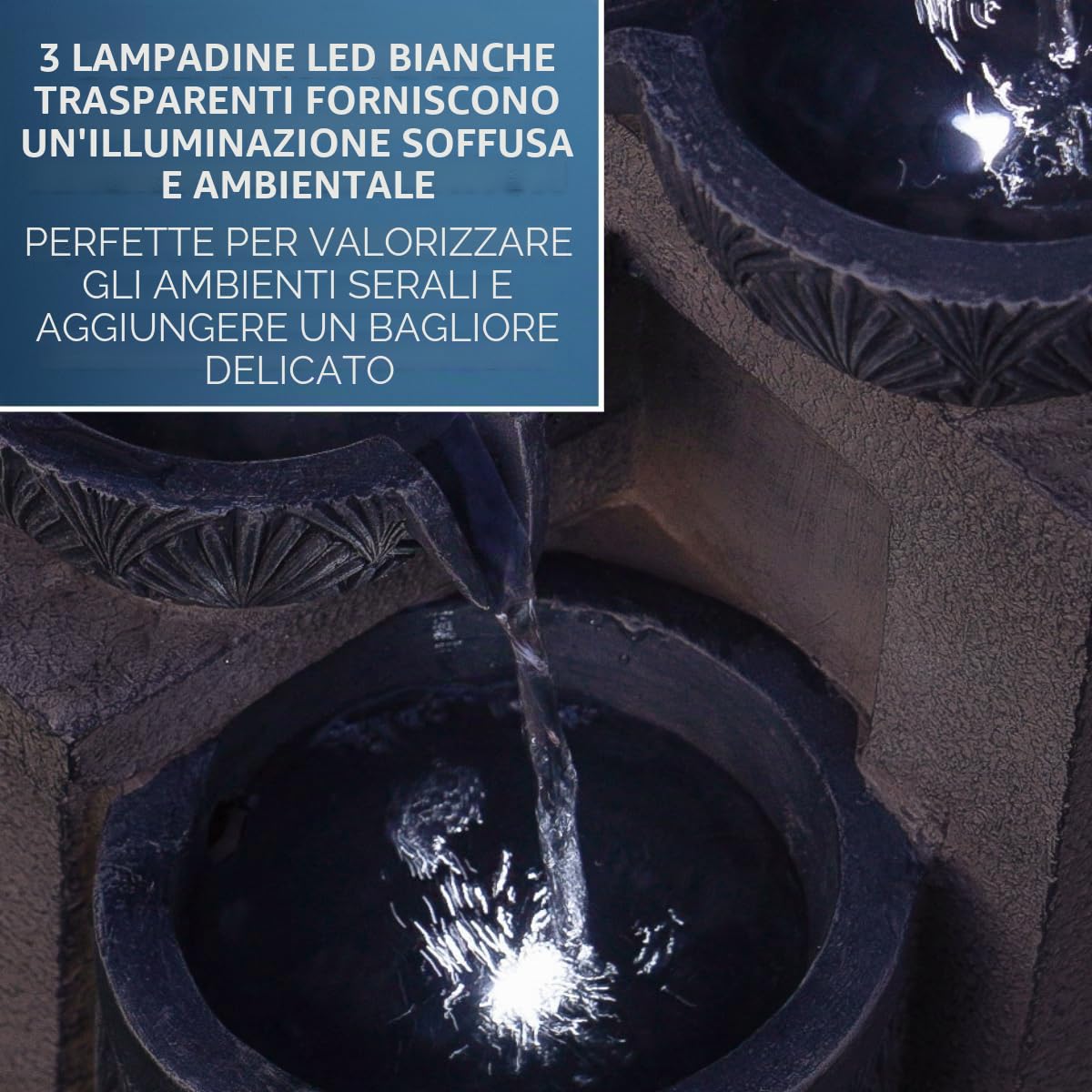 Festive Lights Fontana solare a LED da 42 cm con cascata e ciotole, alimentazione solare e USB, fontana solare da giardino per interni ed esterni, fontana solare per giardino d'acqua all'aperto