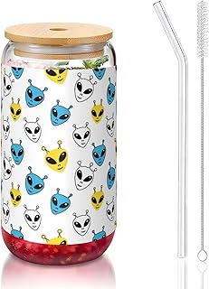 16oz Glass Juice Bottles with Bamboo Lids, Childish Aliens Faces Ufo Alien 90S Style, Reusable Storage for Milk, Kombucha, Ginger Shots, Dishwasher Safe Jars
