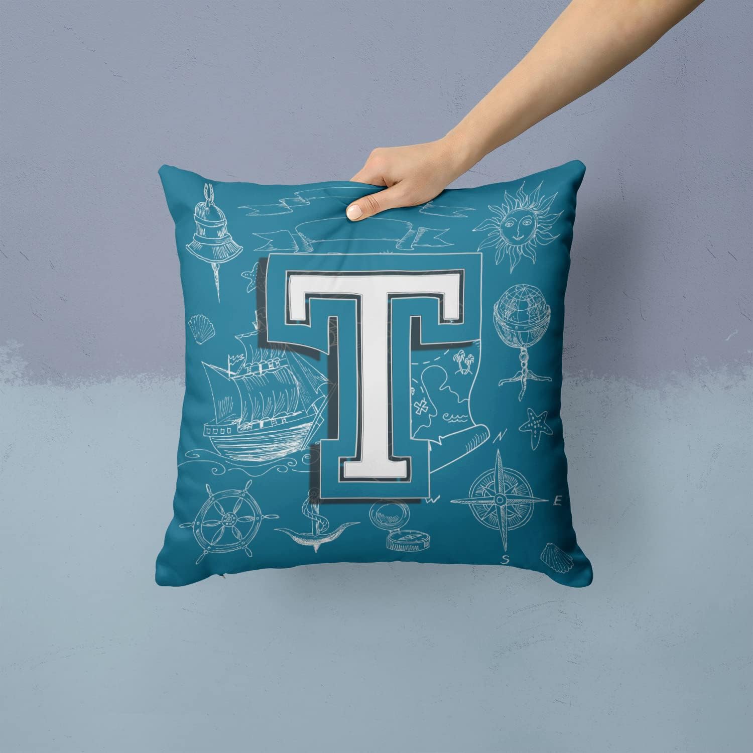 Caroline's Treasures CJ2014-TPW1414 Letter T Sea Doodles Initial Alphabet Fabric Decorative Pillow 100% Machine Washable Pillow, Indoor or Outdoor Decorative Throw Pillow for Couch, Bed or Patio