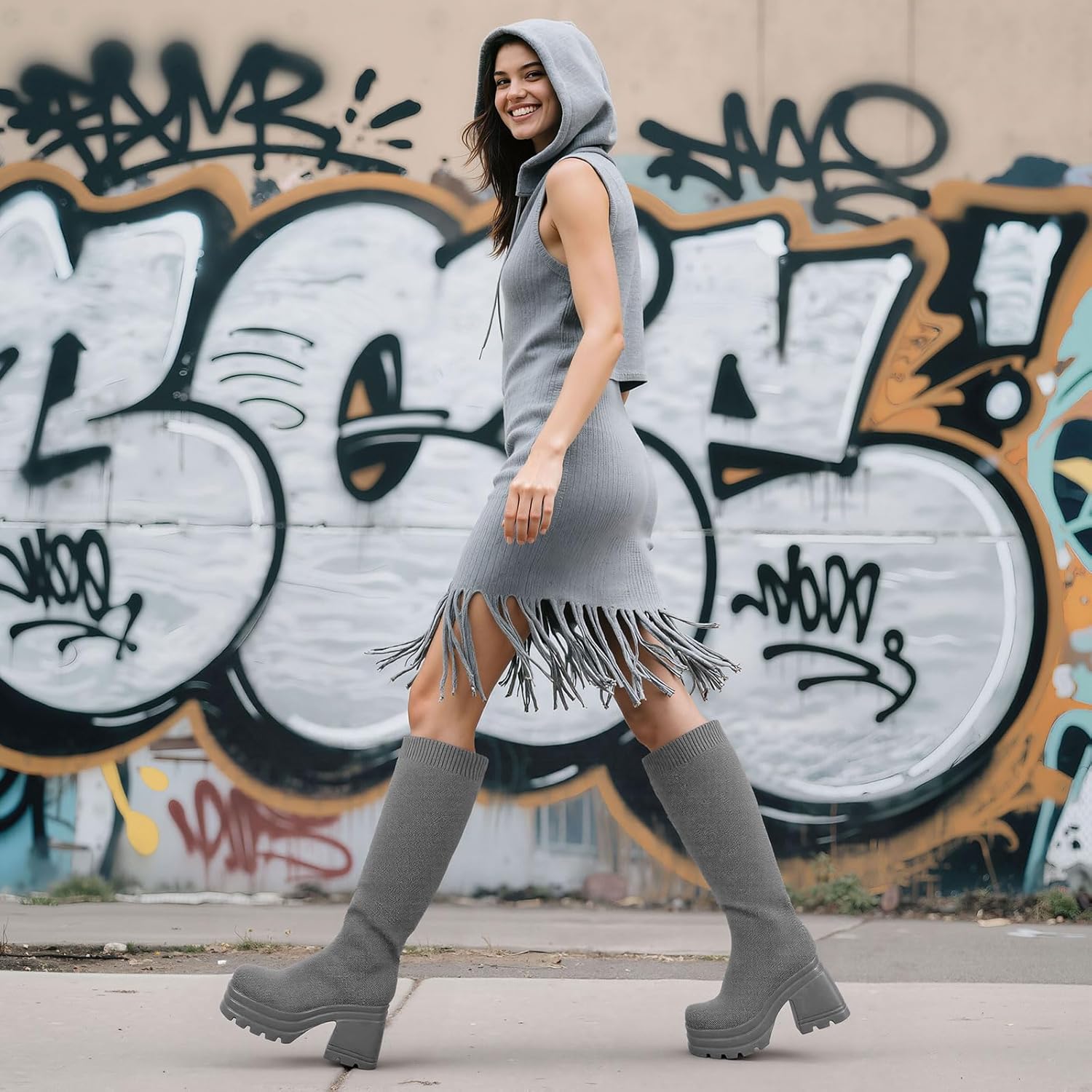 CELNEPHO Knee High Boots Women Comfortable Wide Calf Tall Boots Square Toe Stretch Soft Chunky Block High Heel Knit Platform Fall Boots