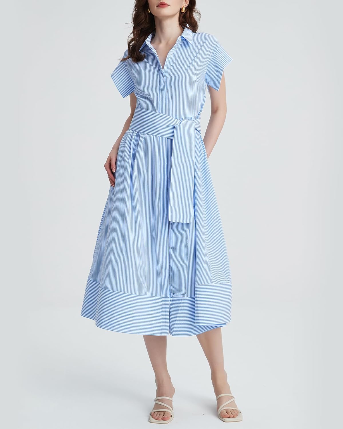 Women's Striped Belted Shirt Midi Dress Casual Short Sleeve Button Down Lapel V Neck A Line Long Dress - Image 4
