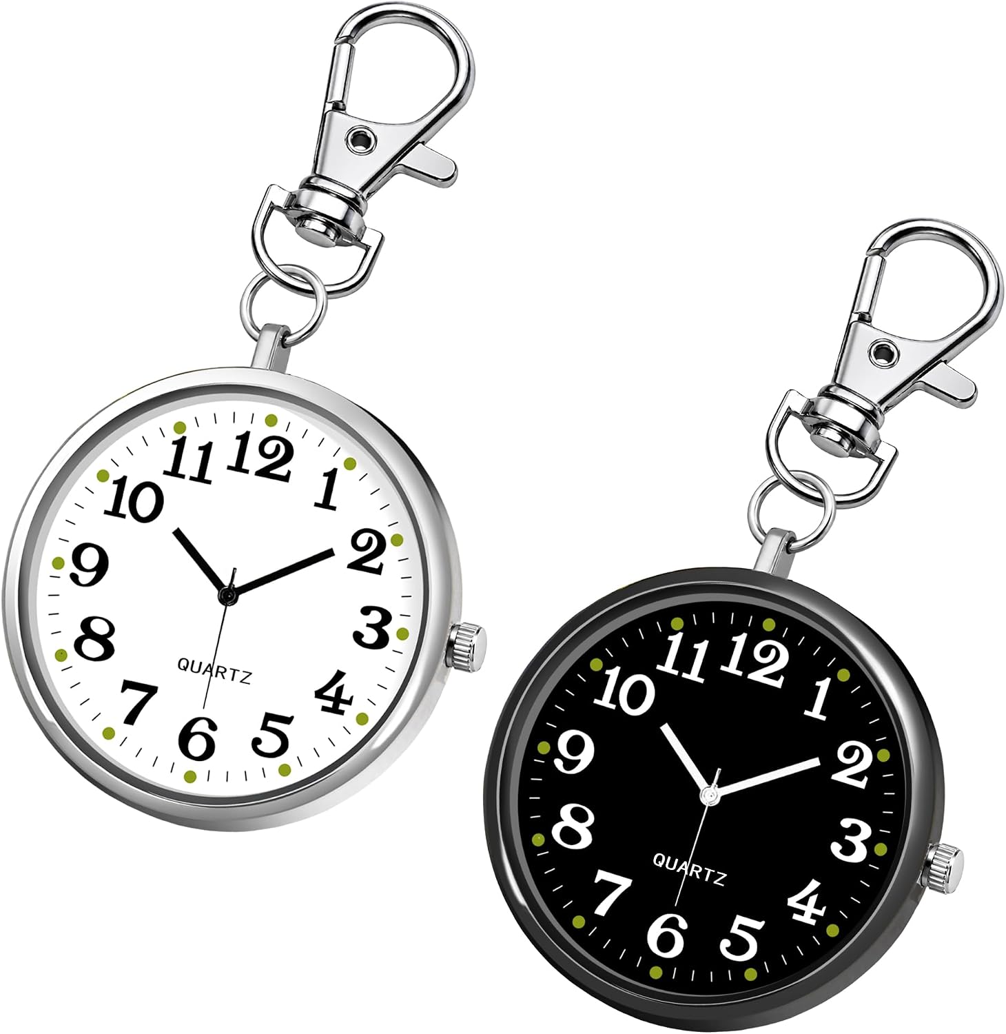 Betus 2 Pack Quartz Pocket Watch with Key Buckle, Portable Clip On Keychain Watch, Large Easy-to-Read Round Dial Hanging Watch for Men Women, Students, Nurses and Teachers, Black and Silver