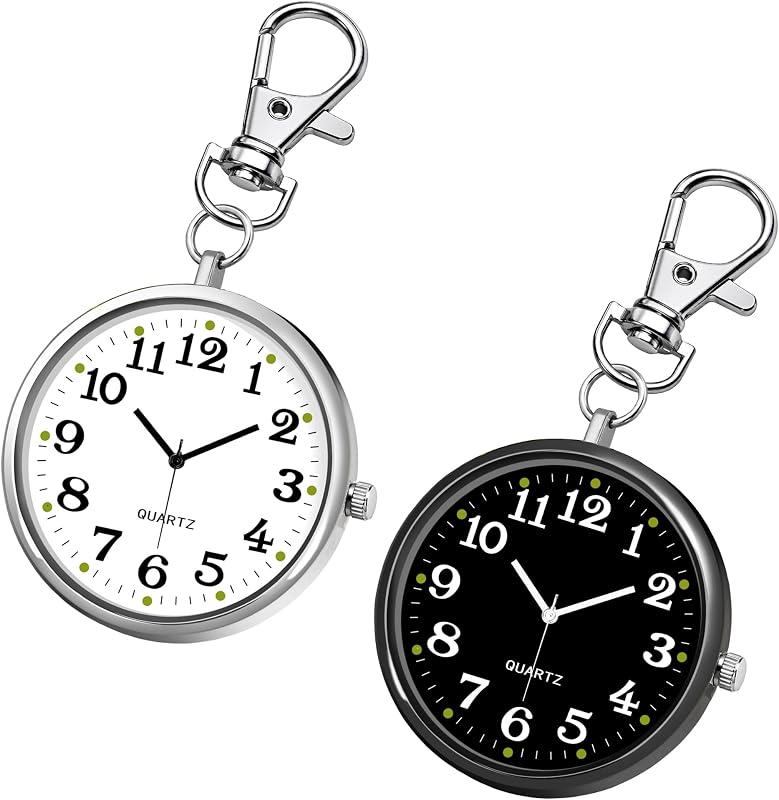 Betus 2 Pack Quartz Pocket Watch with Key Buckle, Portable Clip On Keychain Watch, Large Easy-to-Read Round Dial Hanging Watch for Men Women, Students, Nurses and Teachers, Black and Silver