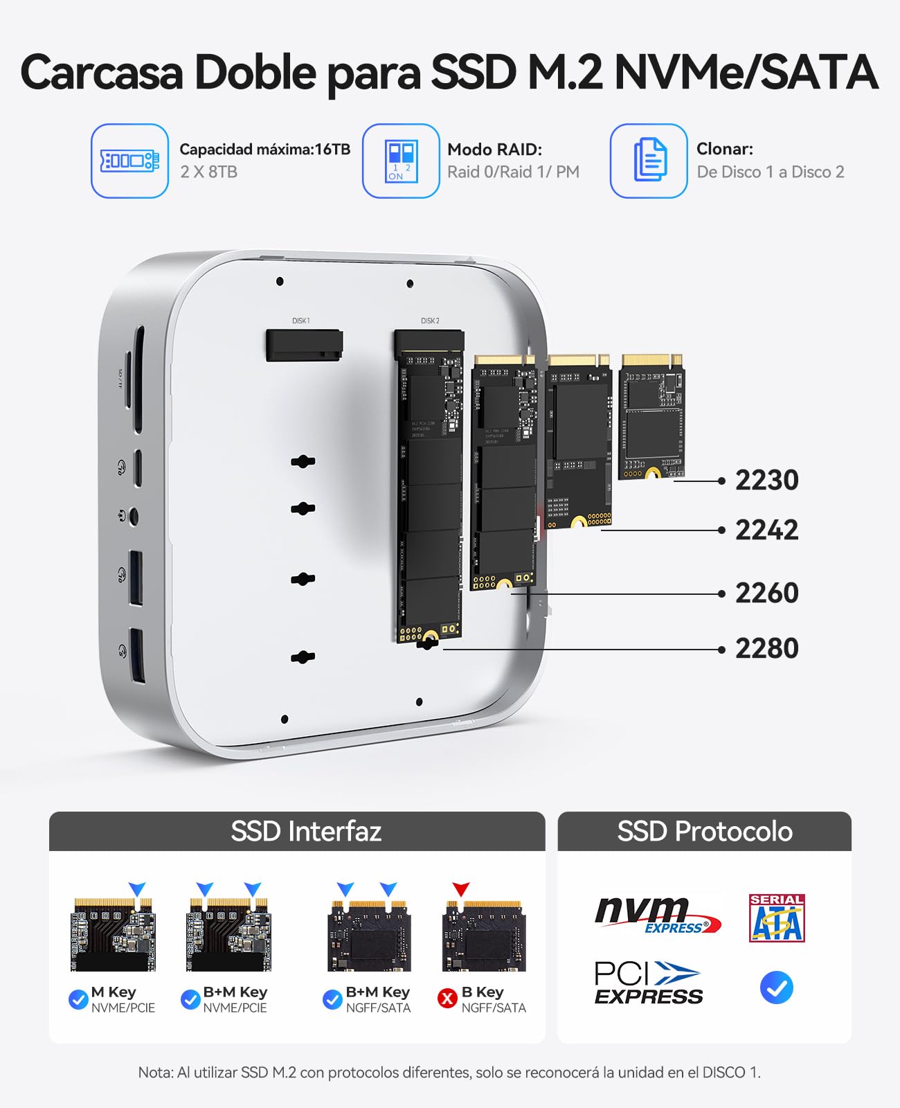 ORICO MiniRaid Dual NVMe/SATA Dock para Mac Mini M4/M4 Pro 10-en-1 USB-C Hub con HDMI 4K60Hz 10Gbps USB C USB A PD60W SD/TF Card Reader RJ45 1000Mbps Doble SSD para Photographers Video Editors MR10