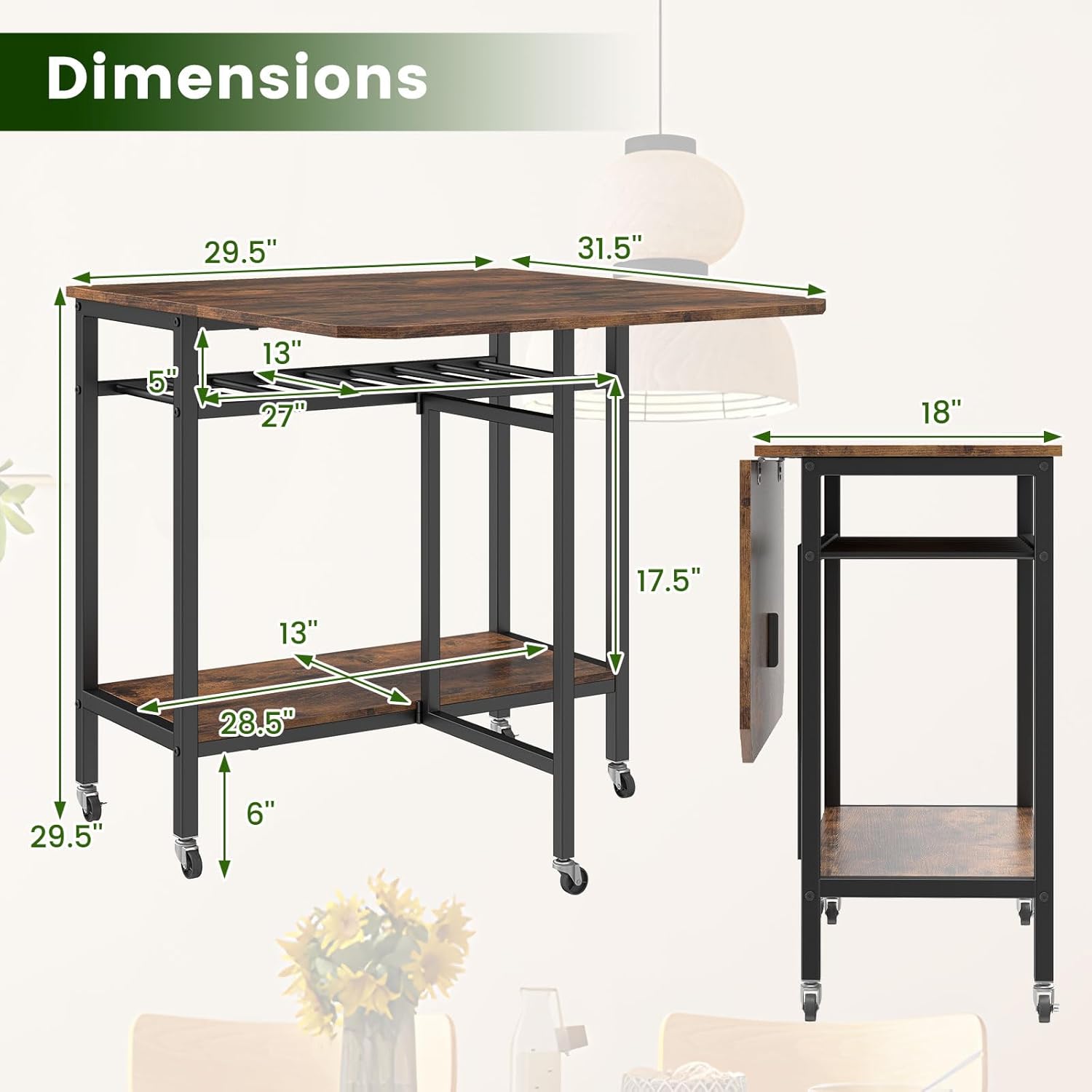 Giantex Folding Dining Table with 5 Wheels, Extendable Bar Tables with Wine Rack and Storage Shelf, Heavy-Duty Metal Frame, Space-Saving Kitchen Table for Small Spaces, Living Room, Apartment, Office