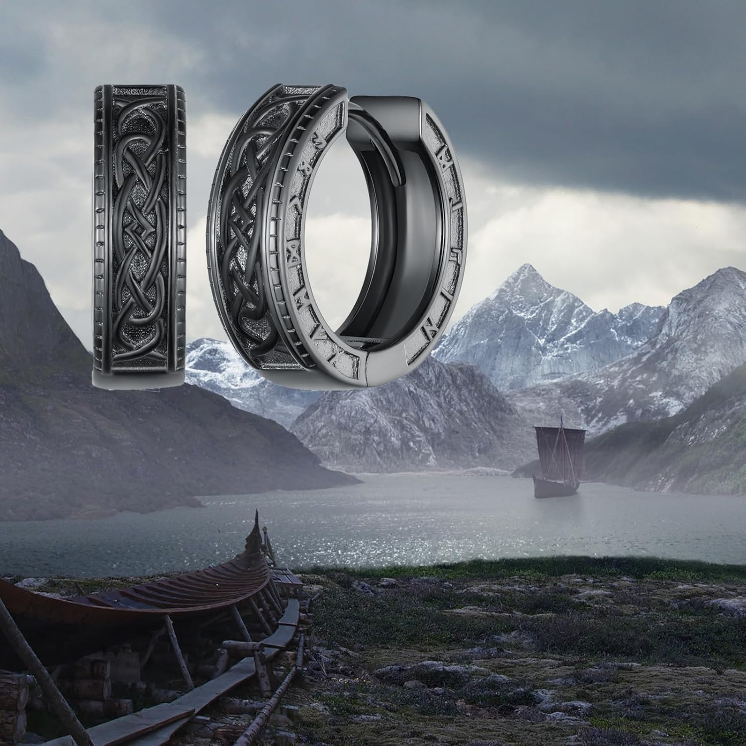 Mens Hoop Earrings 925 Sterling Silver Black Earrings for Men Viking Earrings Men - Image 4