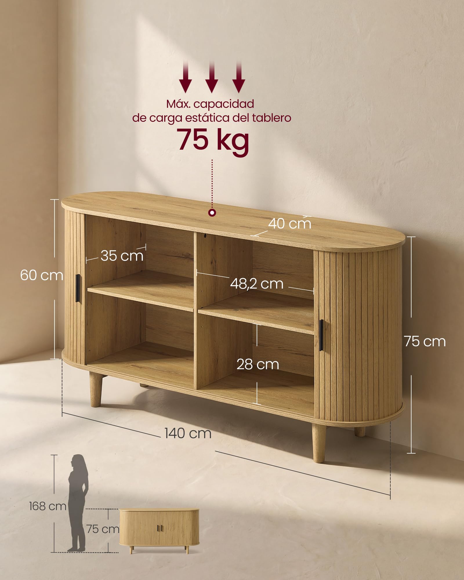 VASAGLE Aparador, Armario de Almacenaje con Puertas Correderas, Estantes Ajustables, 140 x 40 x 75 cm, Marrón Arena, para Salón y Comedor, Colección Miriana LSC631KK01