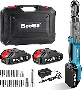 1/2" Cordless Electric Ratchet Wrench, 66Ft-lbs Battery Ratchet Wrench 21V Max, Brushless Motor, Variable Speed Trigger, 2x 2.0Ah Batteries & Charger, 8 Sockets, 1/4" & 3/8" Adapter, 3" Extension Bar