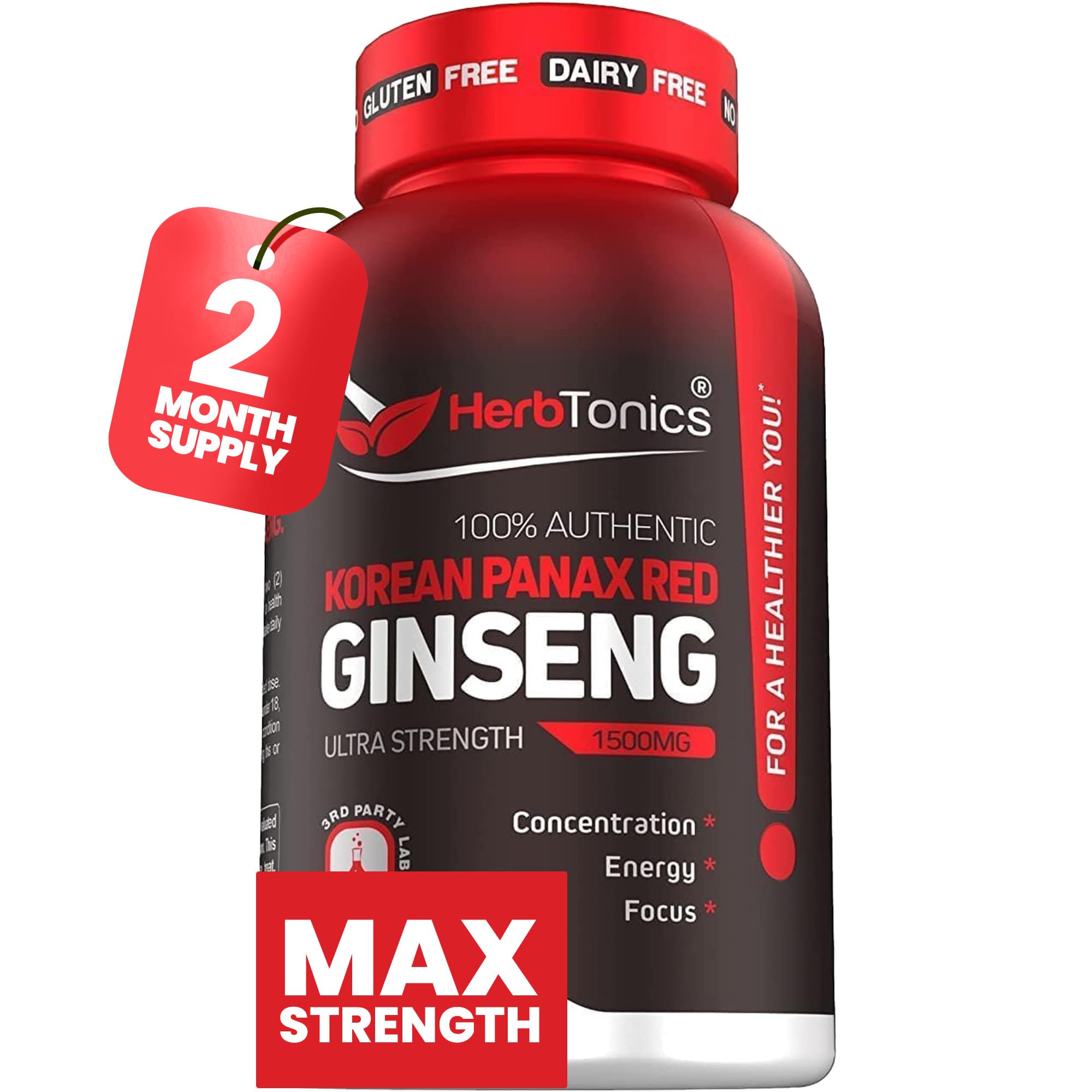 Herbtonics Korean Red Panax Ginseng 1500mg - High Potency Ginseng for Energy, Performance & Immune Support for Men & Women - Ginseng Root Extract Powder Supplement for Focus and Vitality -120 Capsules