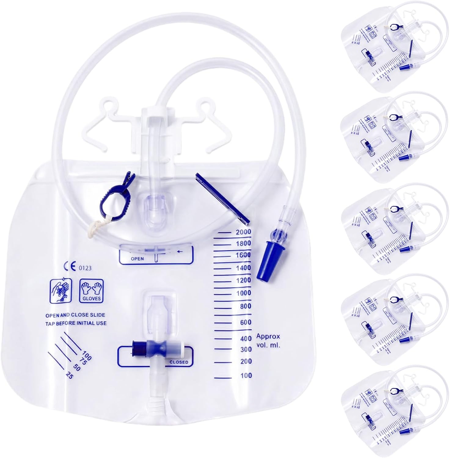 2000mL Catheter Bags for Men, 3-Pack Professional Urinary Drainage Bags with Anti-Reflux Chamber, 48" Kink-Resistant Thickened Tube, Splash-Proof Drain Valve, Adjustable Clips & Dual Hanging Hooks