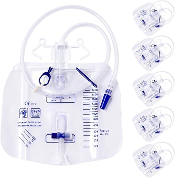 2000mL Catheter Bags for Men, 6-Pack Professional Urinary Drainage Bags with Anti-Reflux Chamber, 48" Kink-Resistant Thickened Tube, Splash-Proof Drain Valve, Adjustable Clips & Dual Hanging Hooks