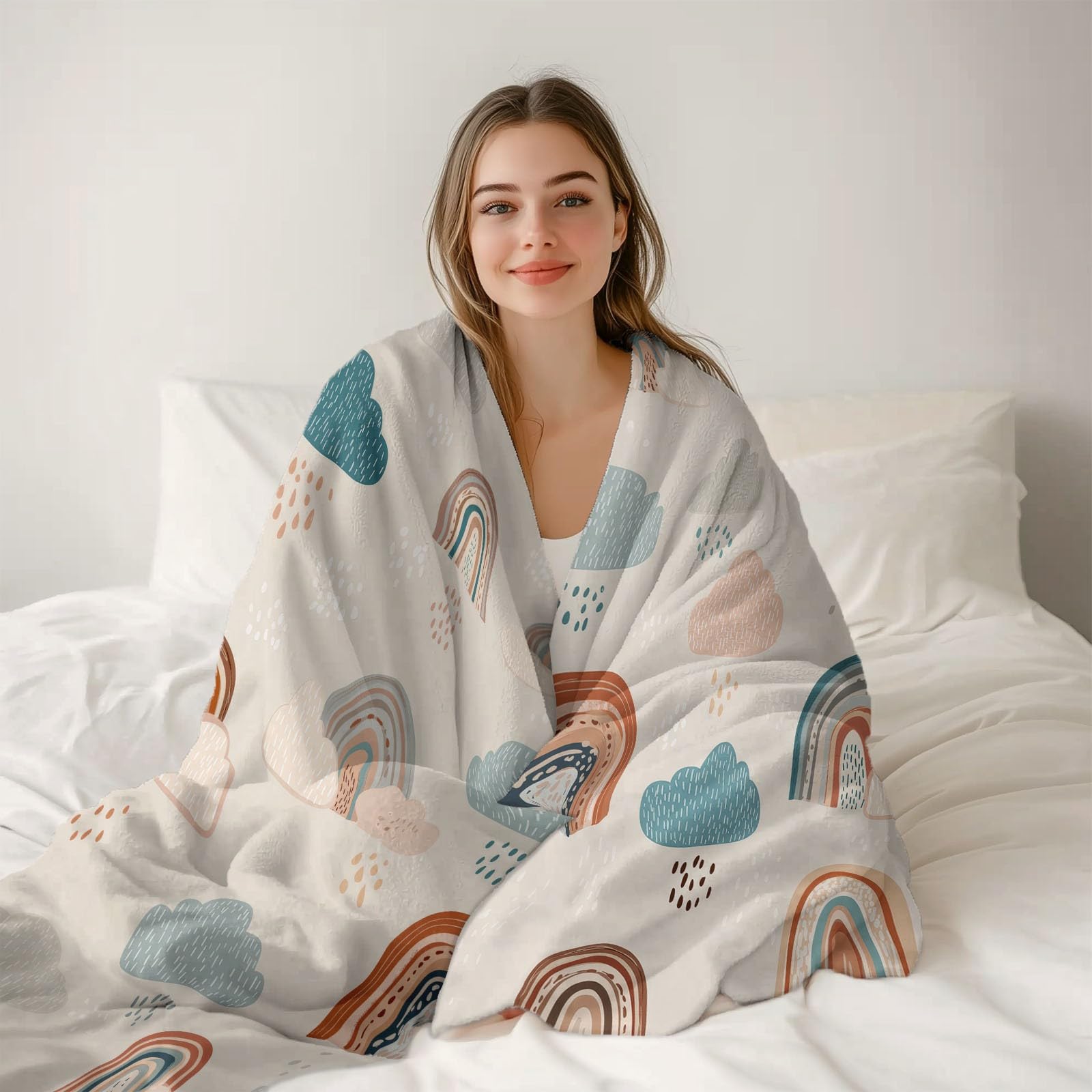Manta de Franela Súper Suave 200 x 220 cm – Manta Cálida con Estampado de Minimalista Divertido Nubes, Ideal para Sofá Cama o Viaje Crema