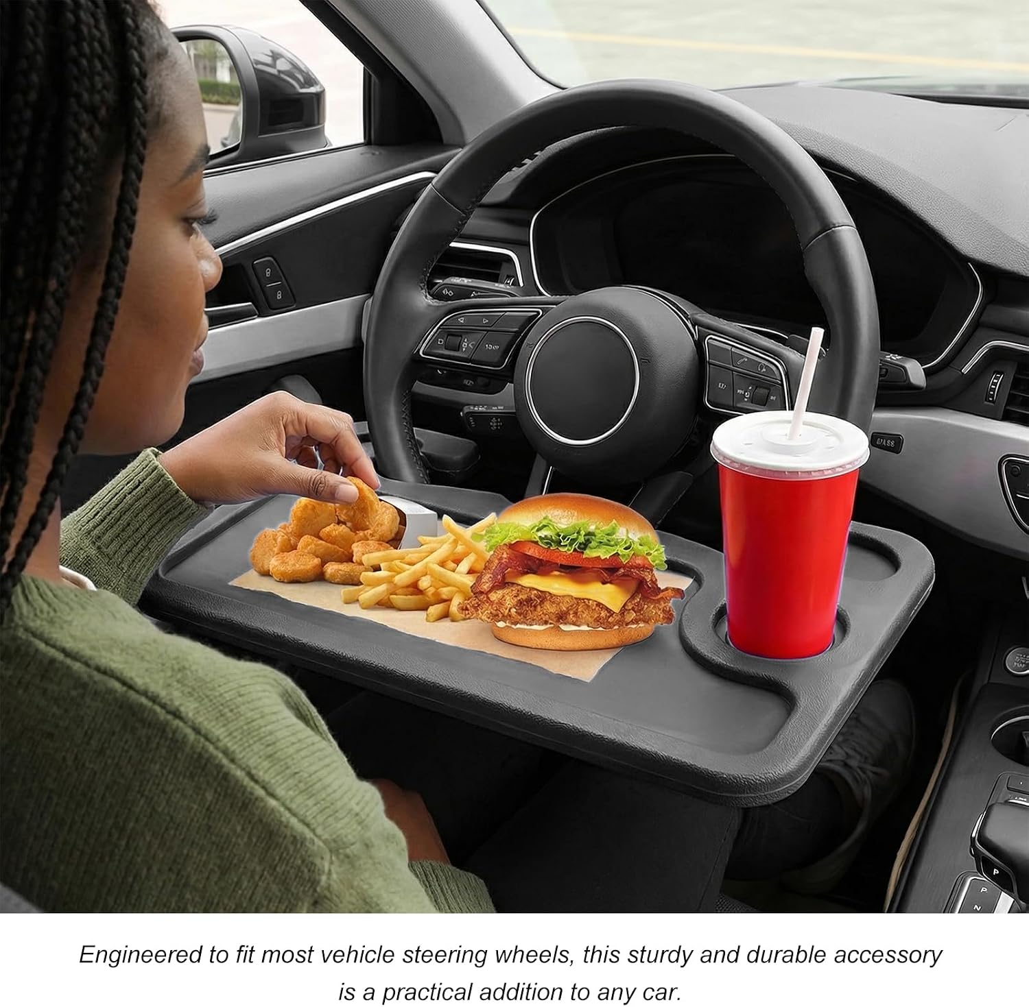 2 in 1 Car Steering Wheel Desk, Multipurpose Auto Table with Cup Holder and Pen Slot, Portable Double Sided Design Steering Wheel Tray for Eating & Work, Car Accessories (Black)