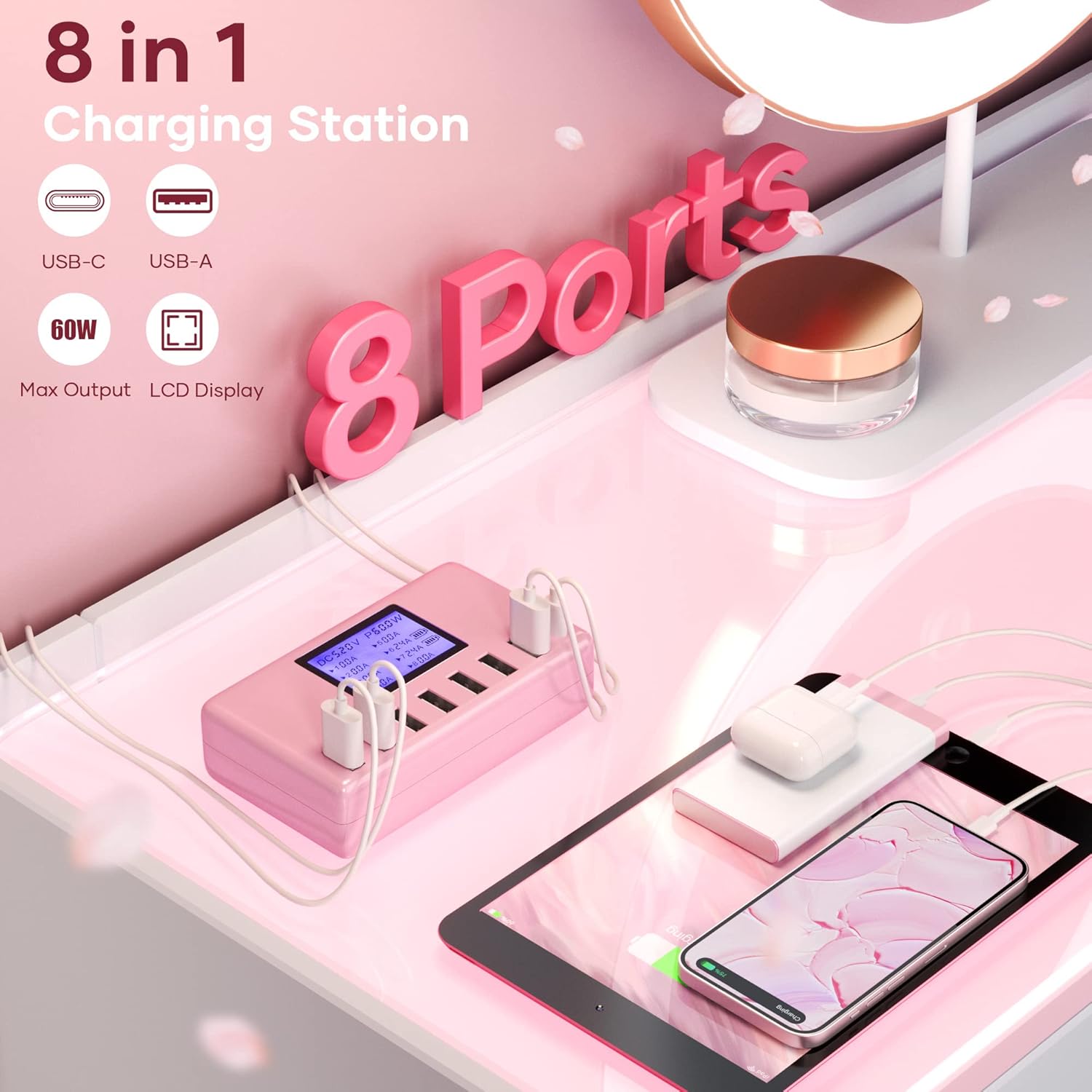USB Charger, slitinto 60W 12A 8-Port USB Charging Station Multi Port USB Hub Charger Compact Size LCD Display Compatible with iPhone iPad Samsung Kindle Tablet Bluetooth Earbuds and More