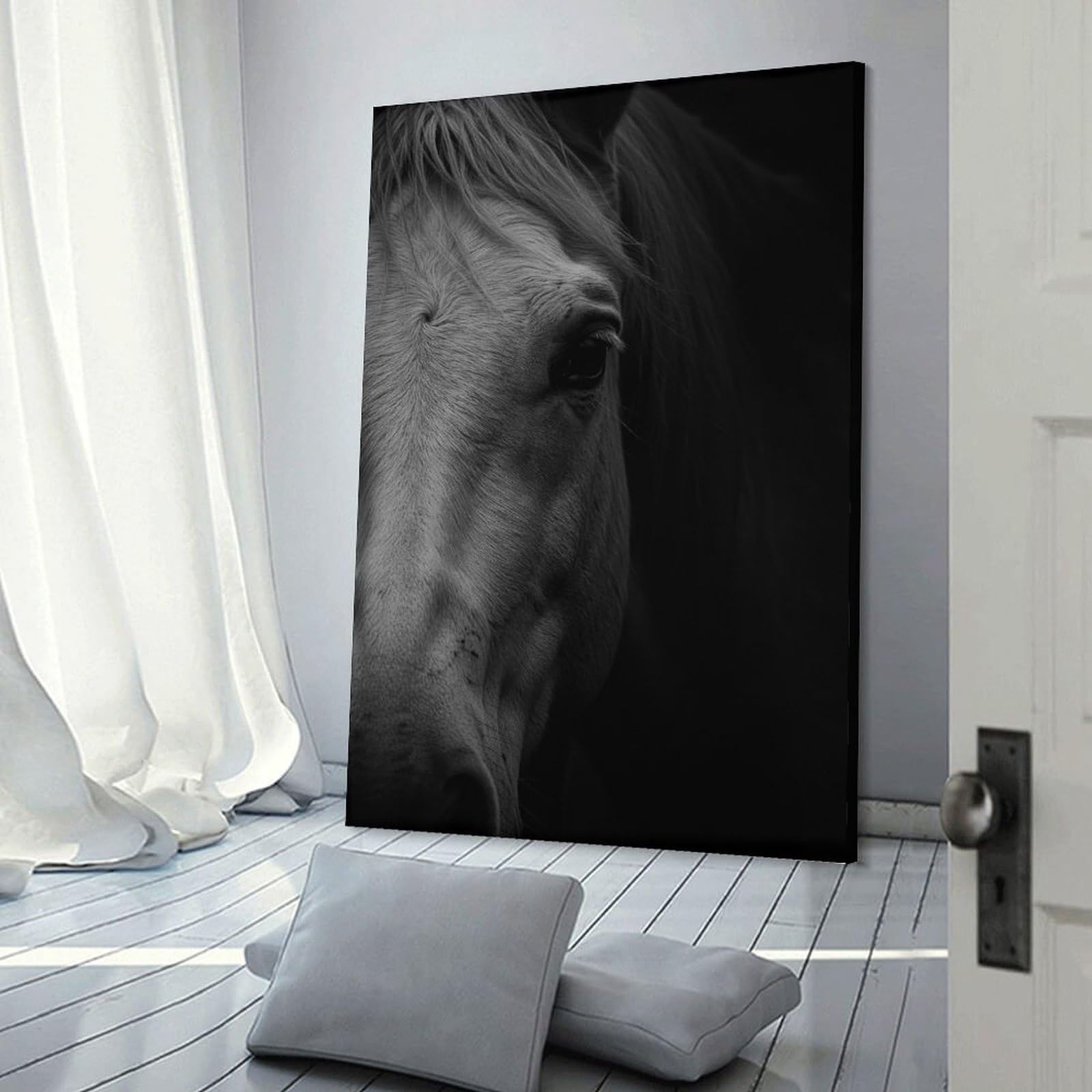Junmoney Frame-Style-11 Monochrome Horse Portrait Wall Picture Print, 20X30inch(50X75cm), For New Homes, Bedrooms Or Workspaces, Thoughtful Wall Decor For Art Lovers