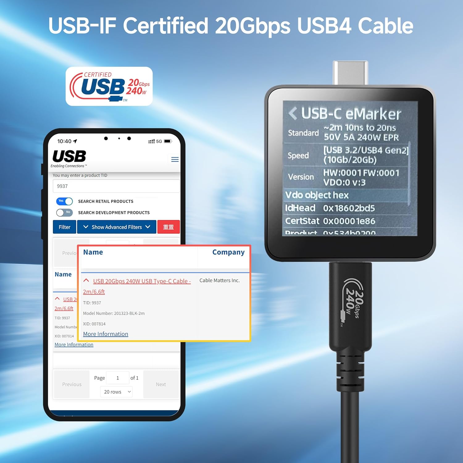 Cable Matters [USB-IF Certified] 20Gbps USB 4 Cable - 6.6ft, Supports Up to [8K@30Hz / 4K@120Hz Video, 240W Charging, 20Gbps Data Transfer] USB4 Cable Compatible with Thunderbolt 4, MacBook, XPS 6.6 Feet image 2 of 7 B0CCF99VZ9