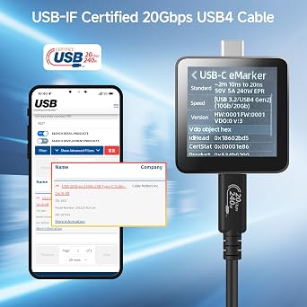 Cable Matters [USB-IF Certified] 20Gbps USB 4 Cable - 6.6ft, Supports Up to [8K@30Hz / 4K@120Hz Video, 240W Charging, 20Gbps Data Transfer] USB4 Cable Compatible with Thunderbolt 4, MacBook, XPS
