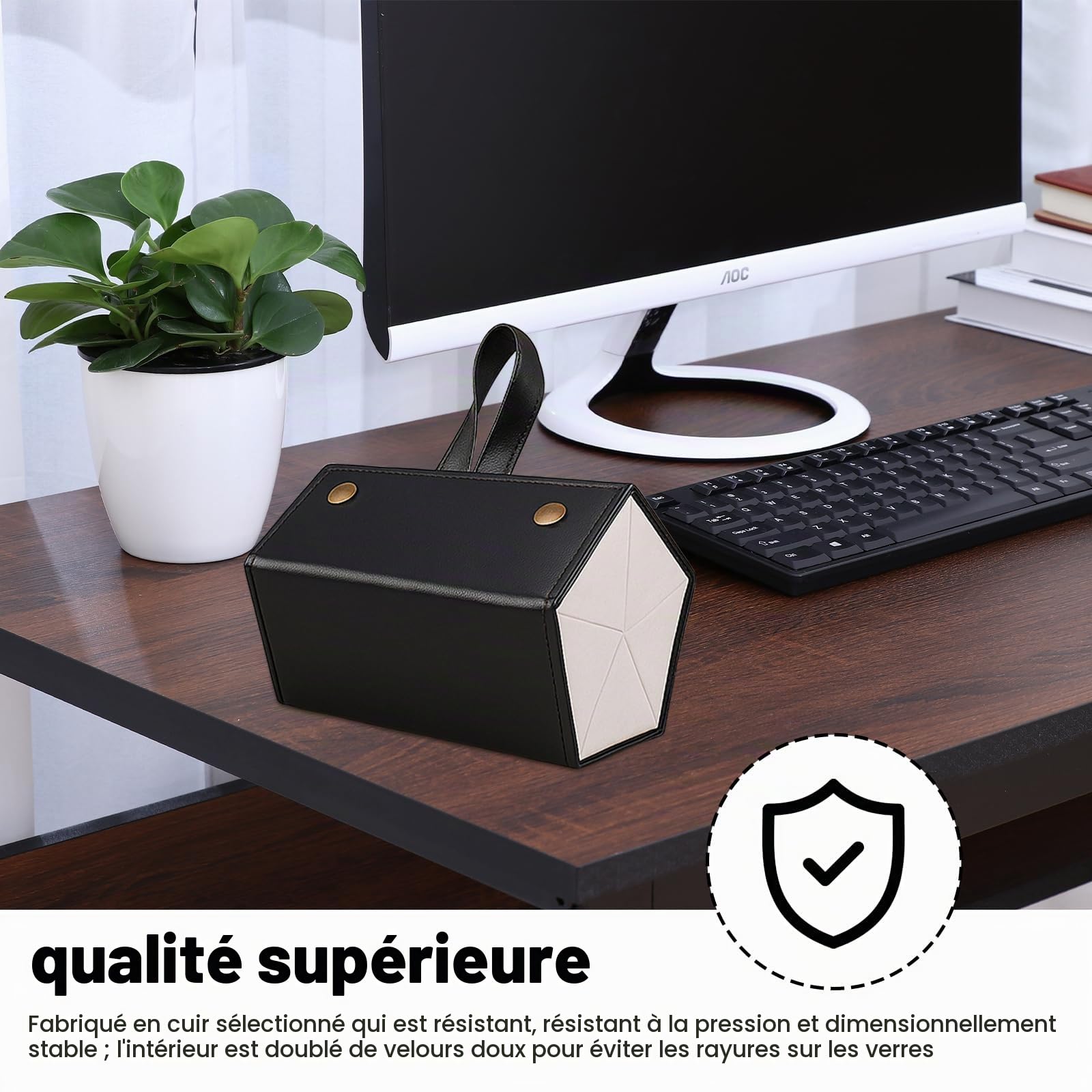 DEANKEJI 5 Compartiments Range Lunettes, 17 X 12,5 X 12 cm Rangement Lunette, Cuir Noir Range Lunettes, pour Lunettes de Soleil