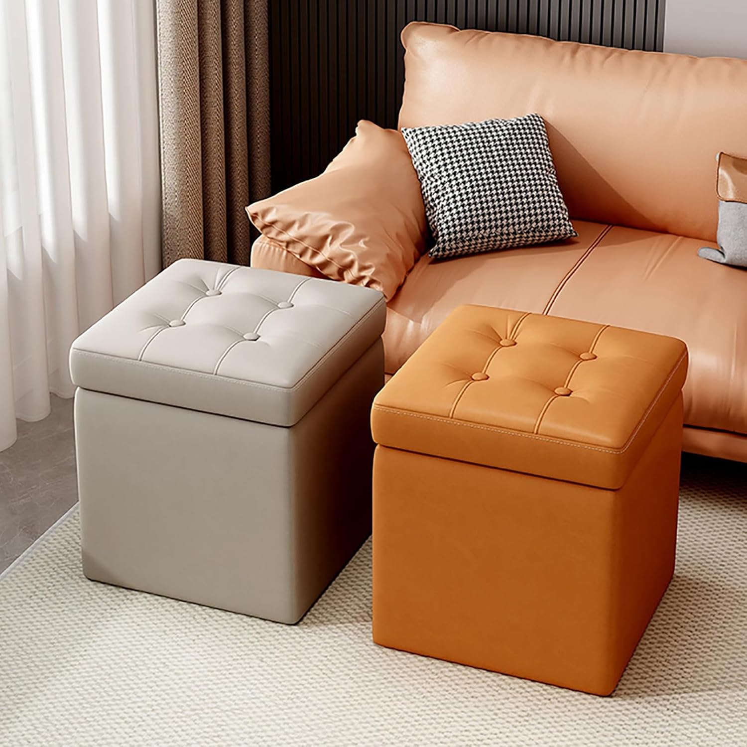 Storage Bench, Stylish Makeup Stool, Footrest for Entryway, Bedroom & Living Room, Versatile Storage Chest, Orange Color, Perfect for Shoes & Accessories