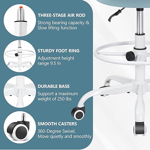 Miniatura 5 de Primy Tall Drafting Desk Chair - Armless, Adjustable Height, Mesh Back, Rolling, Standing Desk Chair for Art Room, Office or Home (Light Blue)