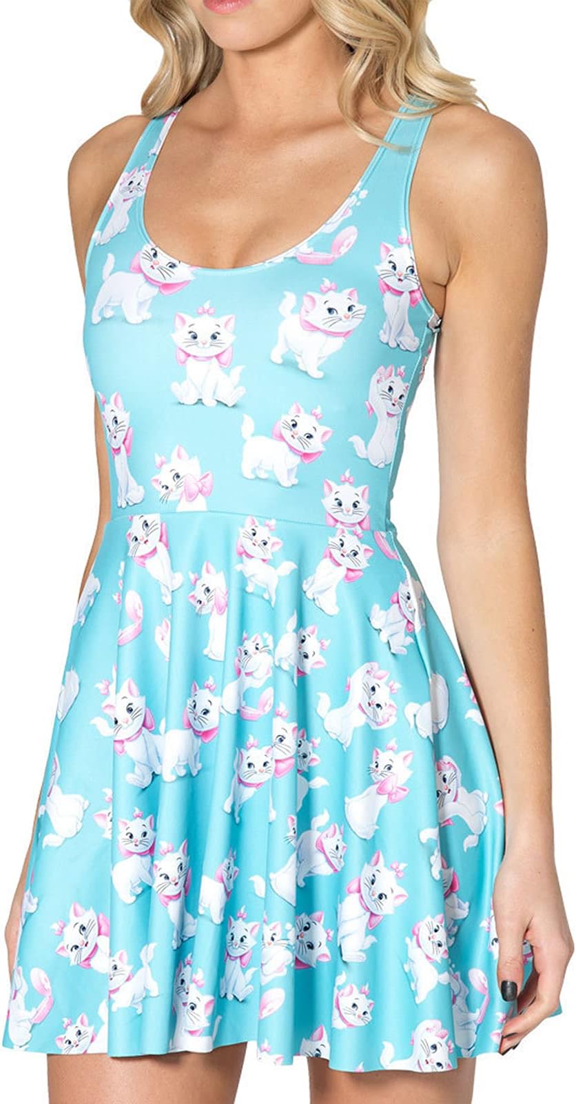 Women's Cartoon Printed Stretchy Sleeveless Pleated Fit and Flare Skater Dress
