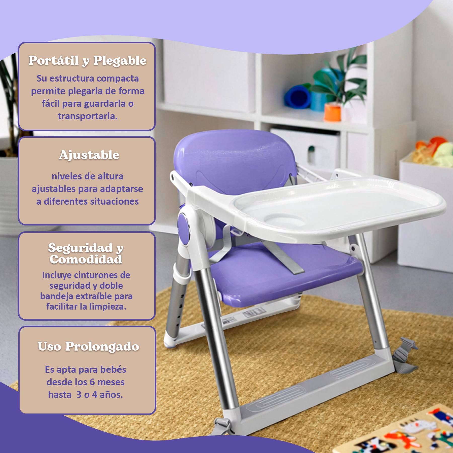 Chaise Haute Bébé Portable Pliable Premium 2 en 1, Rehausseur de Chaise avec Sangles de Fixation, 4 Hauteurs Réglables, Tablette Amovible, Sac de Transport, 6–36 Mois jusqu’à 15 kg (Lilas + Argent)