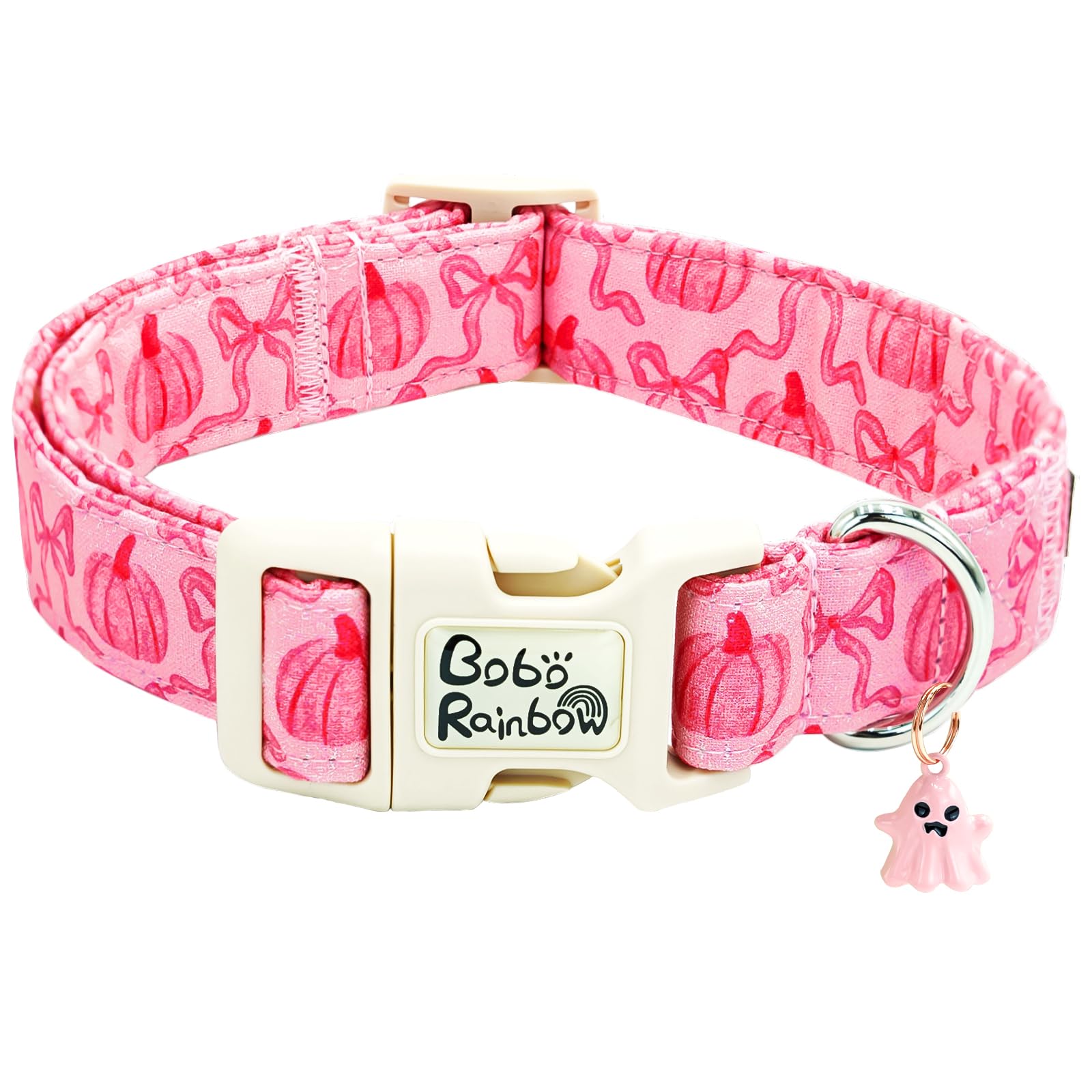 Bobo Rainbow Fall Dog Collar-Pink Pumpkin Print Adjustable Pet Collar Holiday Cute Cotton Puppy Collars Sturdy Lightweight Quick-Release Buckle