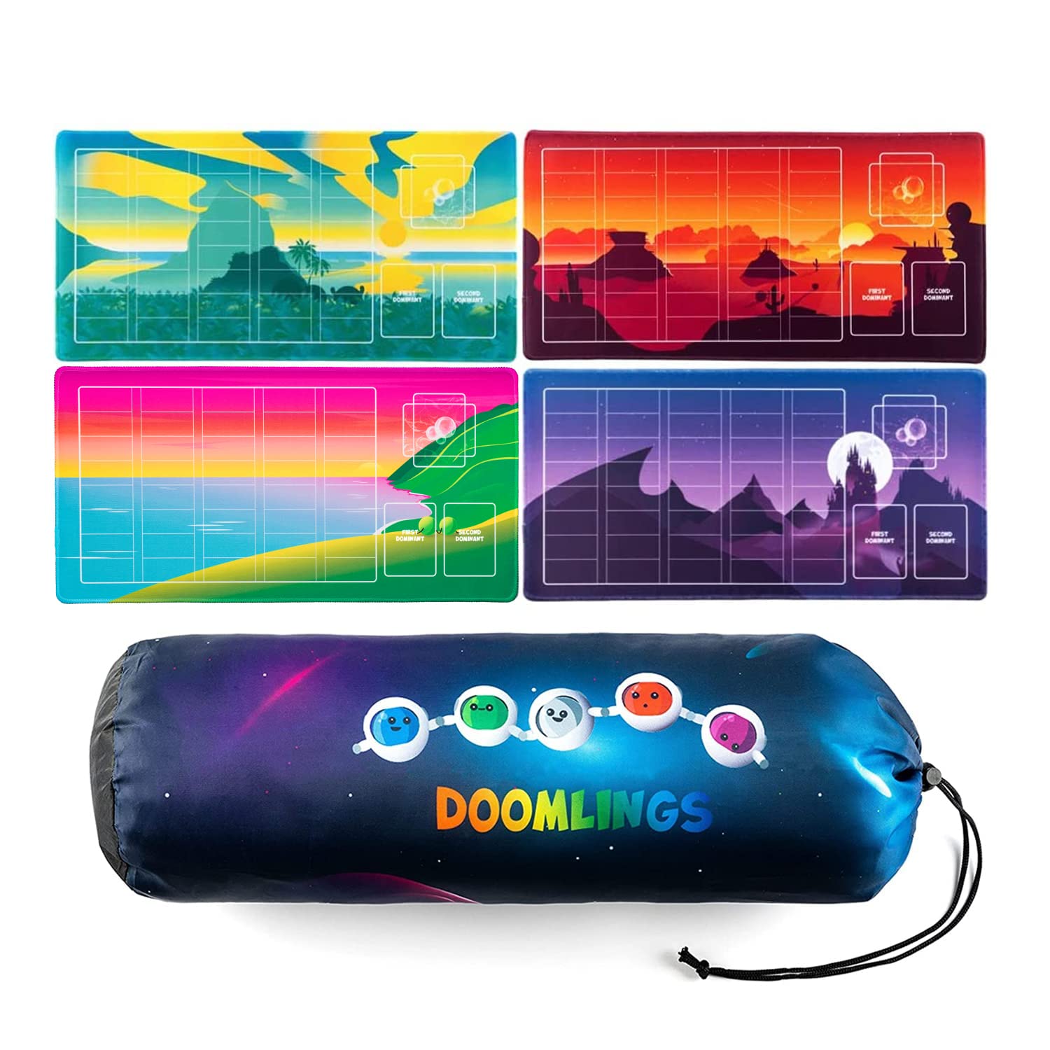Doomlings Card Game Playmats (4-Pack) Featuring 4 Unique Designs, 11" x 22" & Carrying Bag, Waterproof Bag for Carrying Game & Individual Playermats