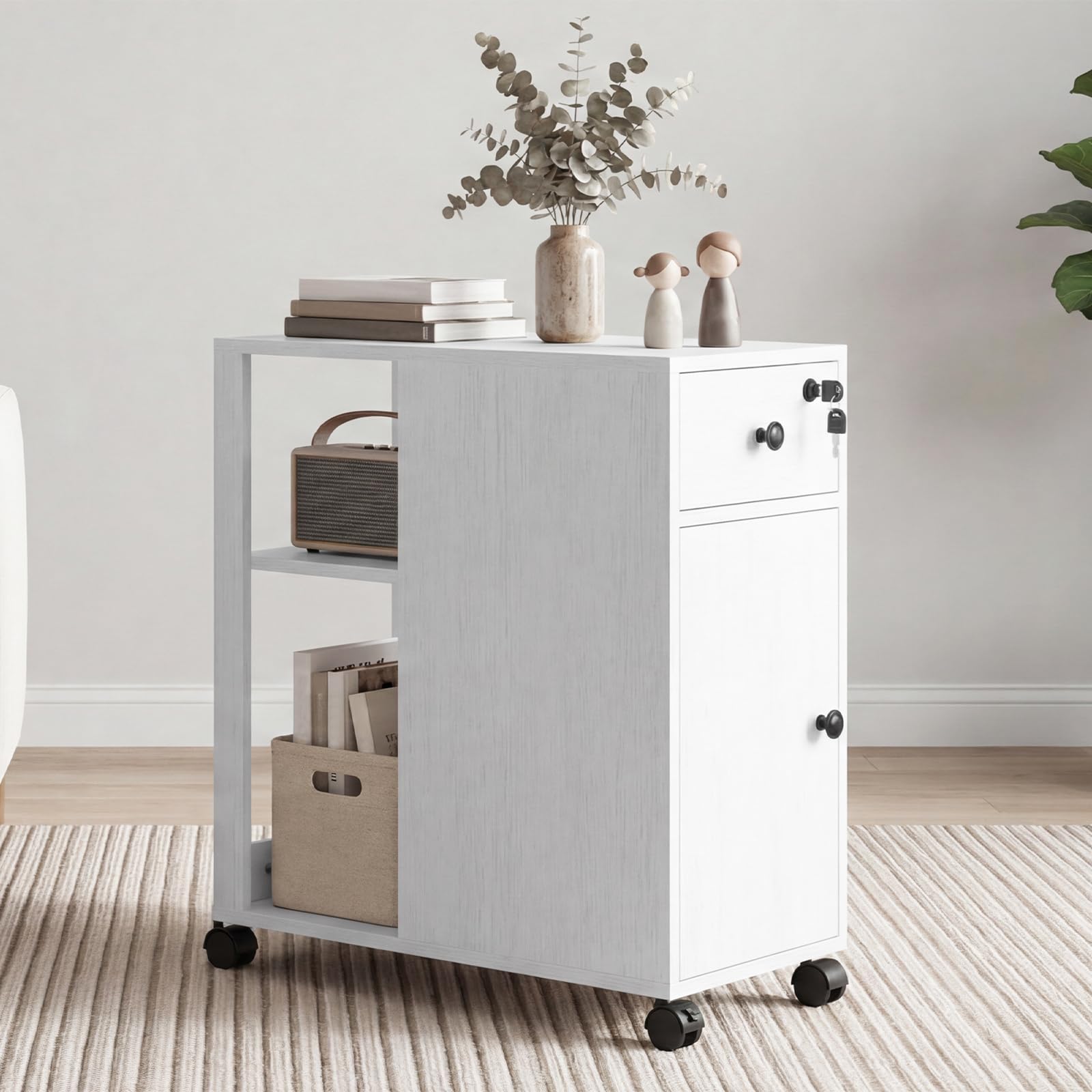 HOOBRO Rollcontainer mit Schublade, mobiler Aktenschrank mit Schloss, Schreibtisch Unterschrank, Büroschrank mit offenen Regalen, Bürocontainer, für Wohnzimmer, Schlafzimmer, Arbeitszimmer EWB28WJ01