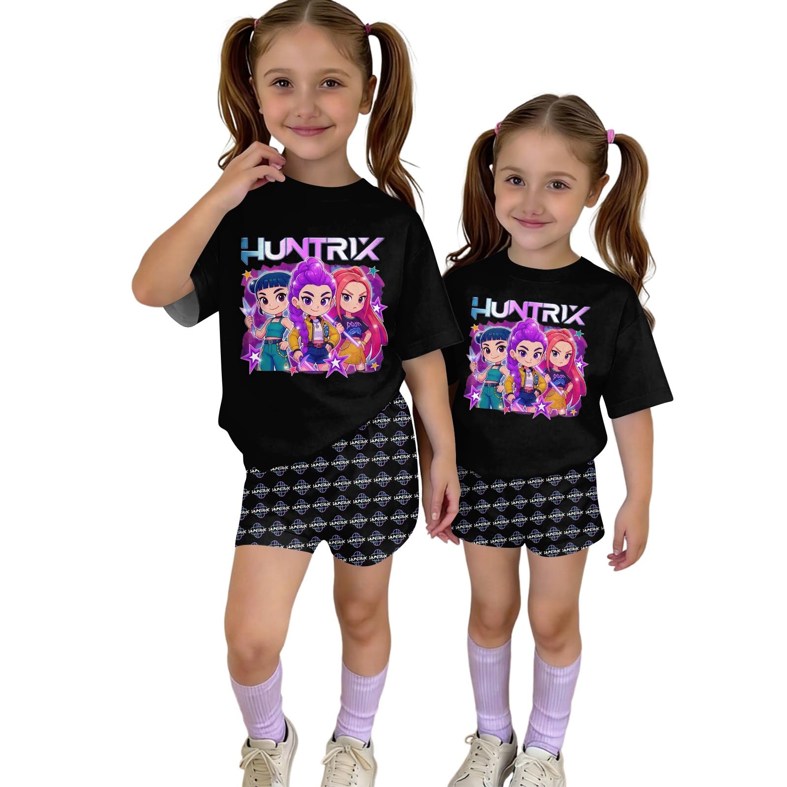 Girls 2 Piece Outfits Cute Singer Cartoon Graphic Short Sleeve Shirts and Shorts Fashion Casual Tracksuit