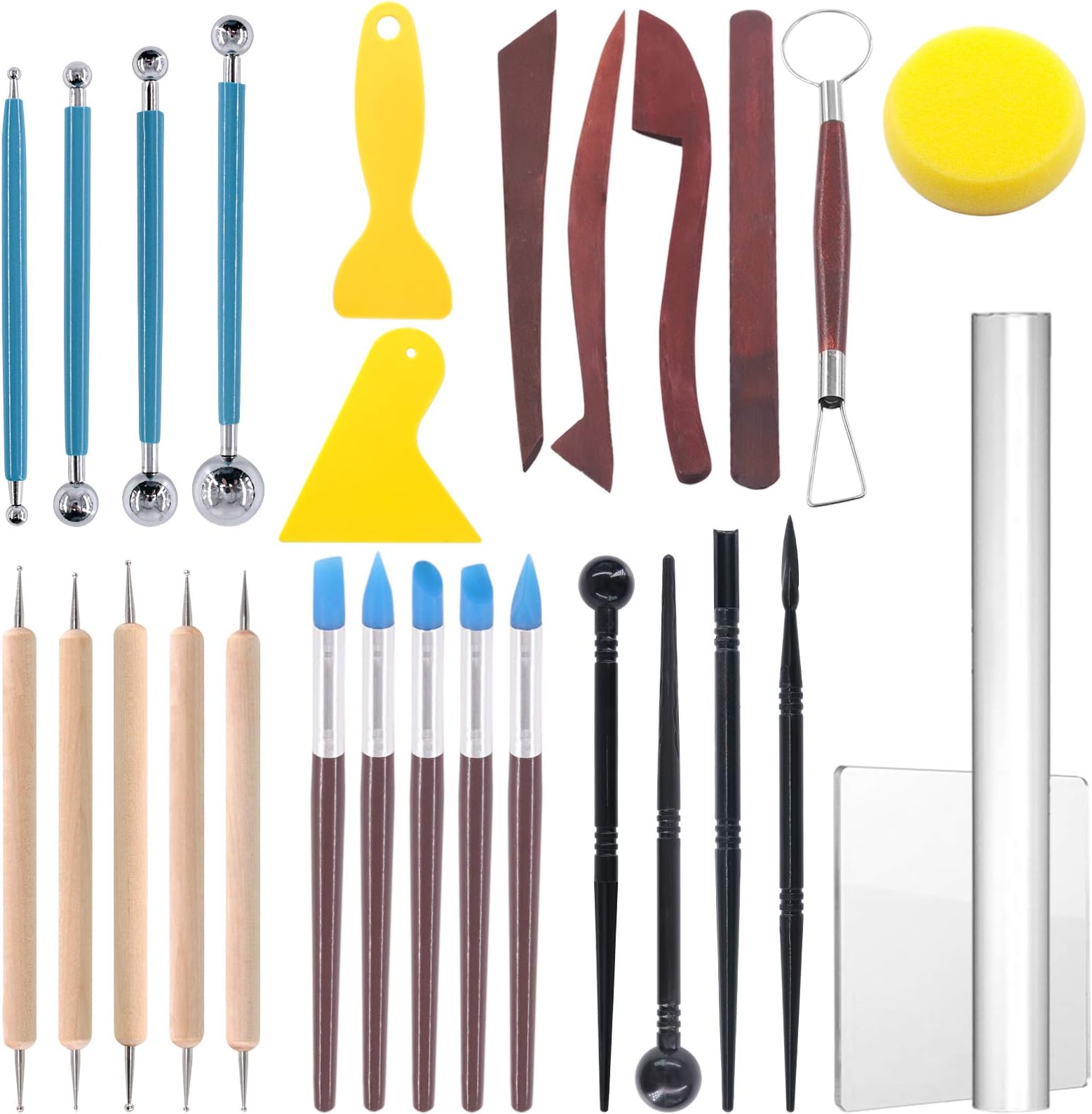 Glarks 28Pcs Carving Modeling Clay Sculpting Tools Set Including Plastic Modeling Tools, Dual-End Dotting Clay Tools, Ball Stylus, Silicone Tip Pens and Sculpture Knives for Embossing Art, Coloring