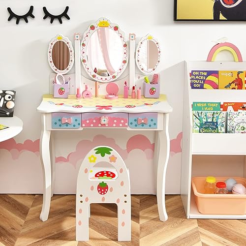 Miniatura 18 de HONEY JOY Vanity - Juego de tocador y silla de madera de princesa de fresa con espejo ovalado de tres pliegues y accesorios de vidrio real, parte