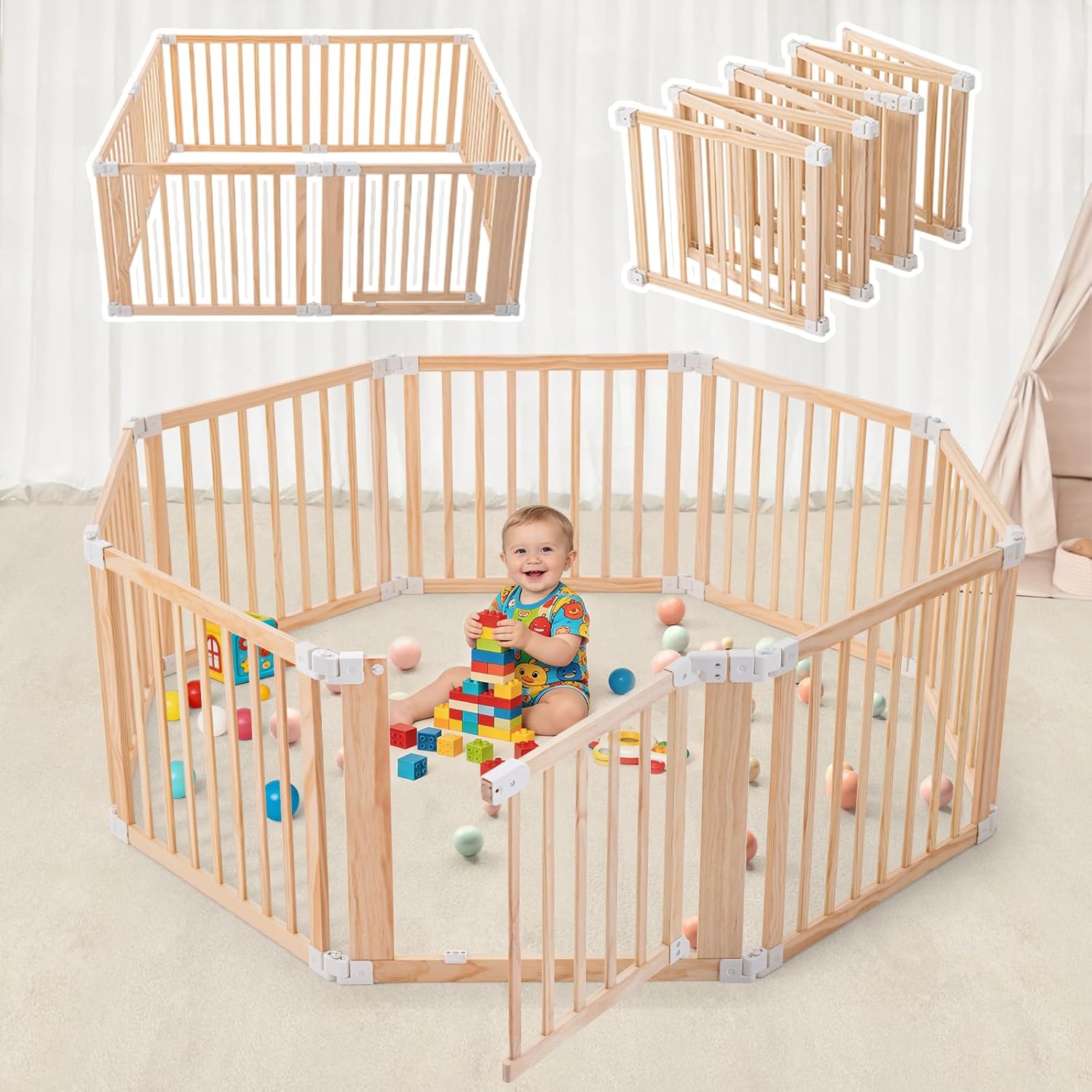 Foldable Wooden Playpen-61"x61"x25"-Large Baby Gate Playpen with Child-Proof Lock-Easy Assembly, Portable Design for Babies & Toddlers- Shape& Size Adjustable Baby Fence Play Area(Wood, 8 Panel)