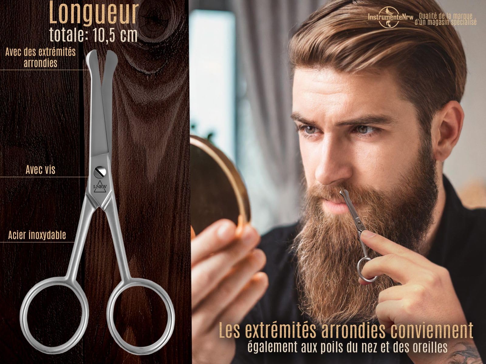 InstrumenteNrw Ciseaux à moustache et barbe avec lame tranchante - Acier inoxydable - pour les hommes pour entretenir leur barbe 10,5 cm avec étui