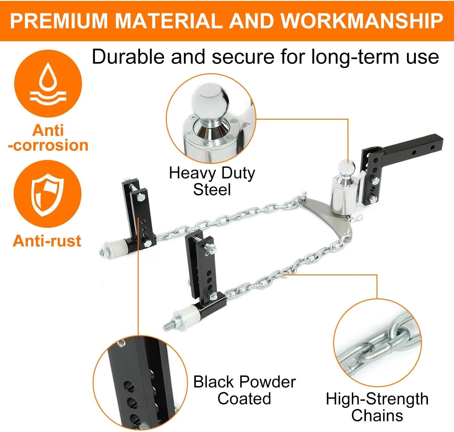 Weight Distribution Hitch, 1,000 lbs Integrated Lubrication and Sway Control, Pre-Installed Hitch Ball & Sway Control Ball, Trailer Hitch Device for Camper, RV Weight Distribution Hitch (Chain Type)