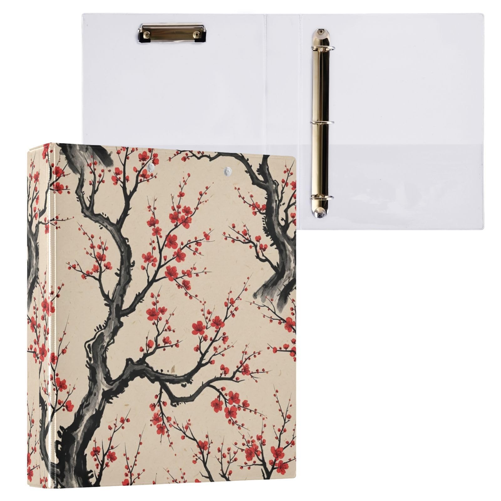 Elegant Black Tree - Carpeta de tres anillos beige de 3,8 cm, carpeta de anillos en D, paquete de 2 | Con portapapeles y bolsillos, para escuela, universidad, oficina