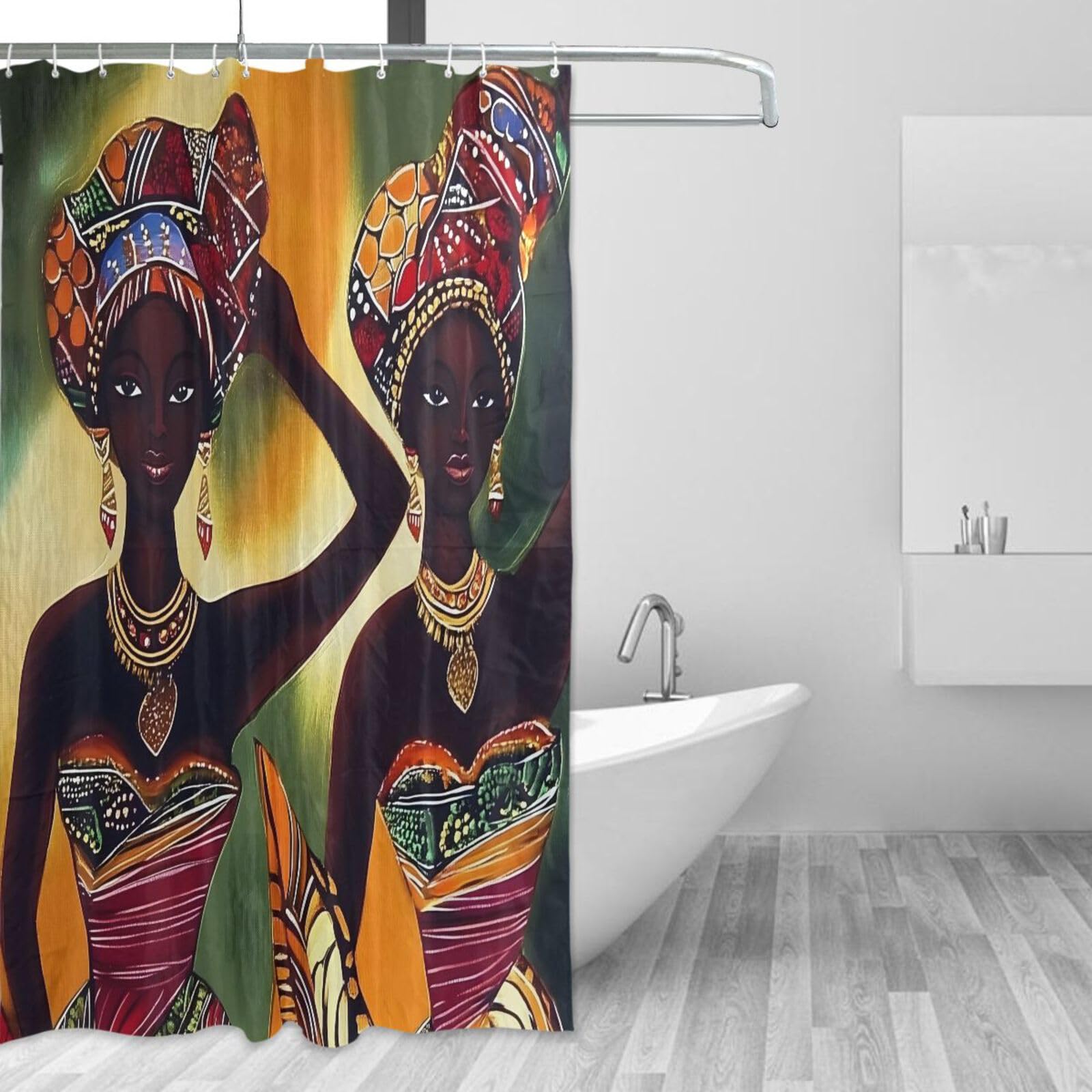 Rideau de douche femme africaine tissu imperméable 157x183cm avec crochets