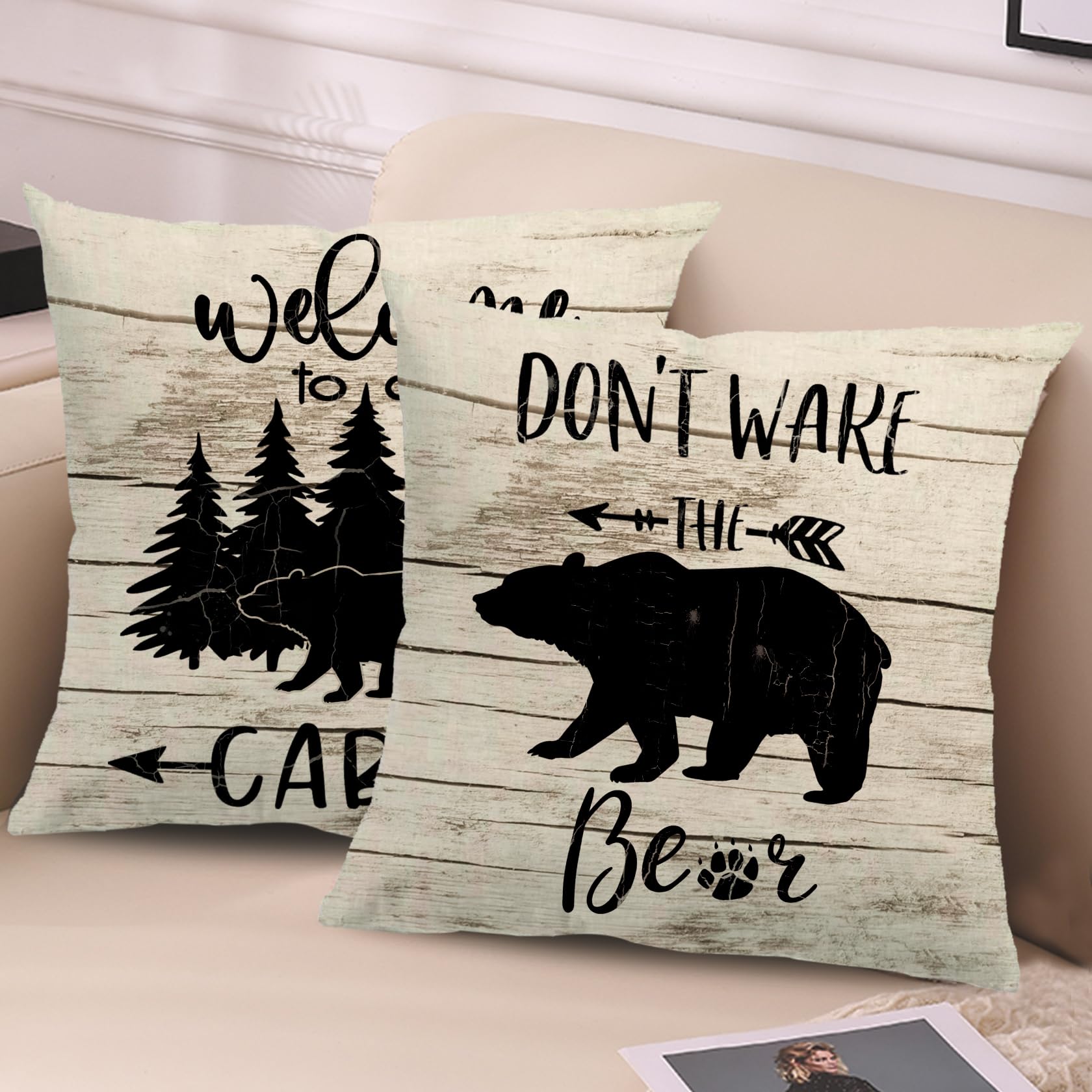 7COLORROOM 2Pack Bear Throw Pillow Cover Double-Sided Printed Don’t Wake The Bear Black Bear Wood Grain Background Cushion Covers Welcome to Our Cabin/Camper Decorative Pillowcases 18" x 18" 3