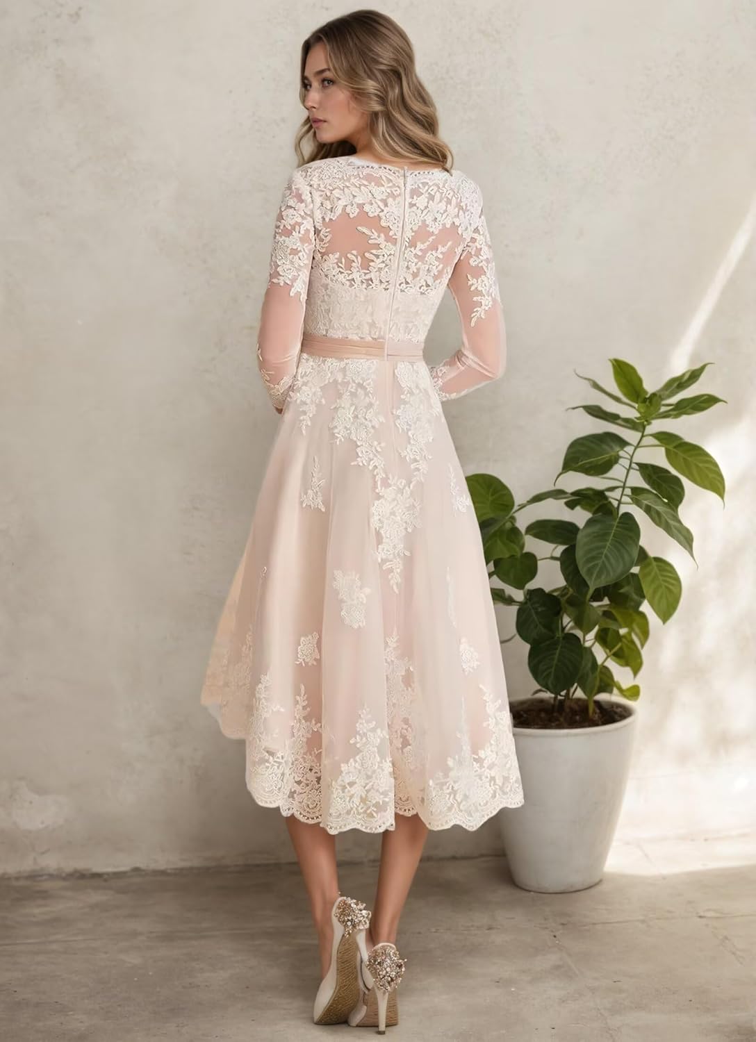 A Line Short Wedding Dresses for Women Applique Lace Satin Bride Dress Tea Length 3/4 Sleeves Bridal Gowns 2026