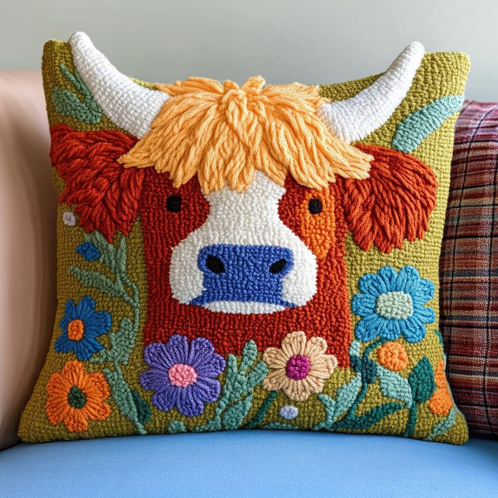 DIY Punch Needle Pillow Kit Cute Highland Cow and Wild Flowers with Pattern and Hoop Handmade Embroidery Punch Needle Starter Pillowcase Set for Home Sofa Decor 43x43cm-1-8