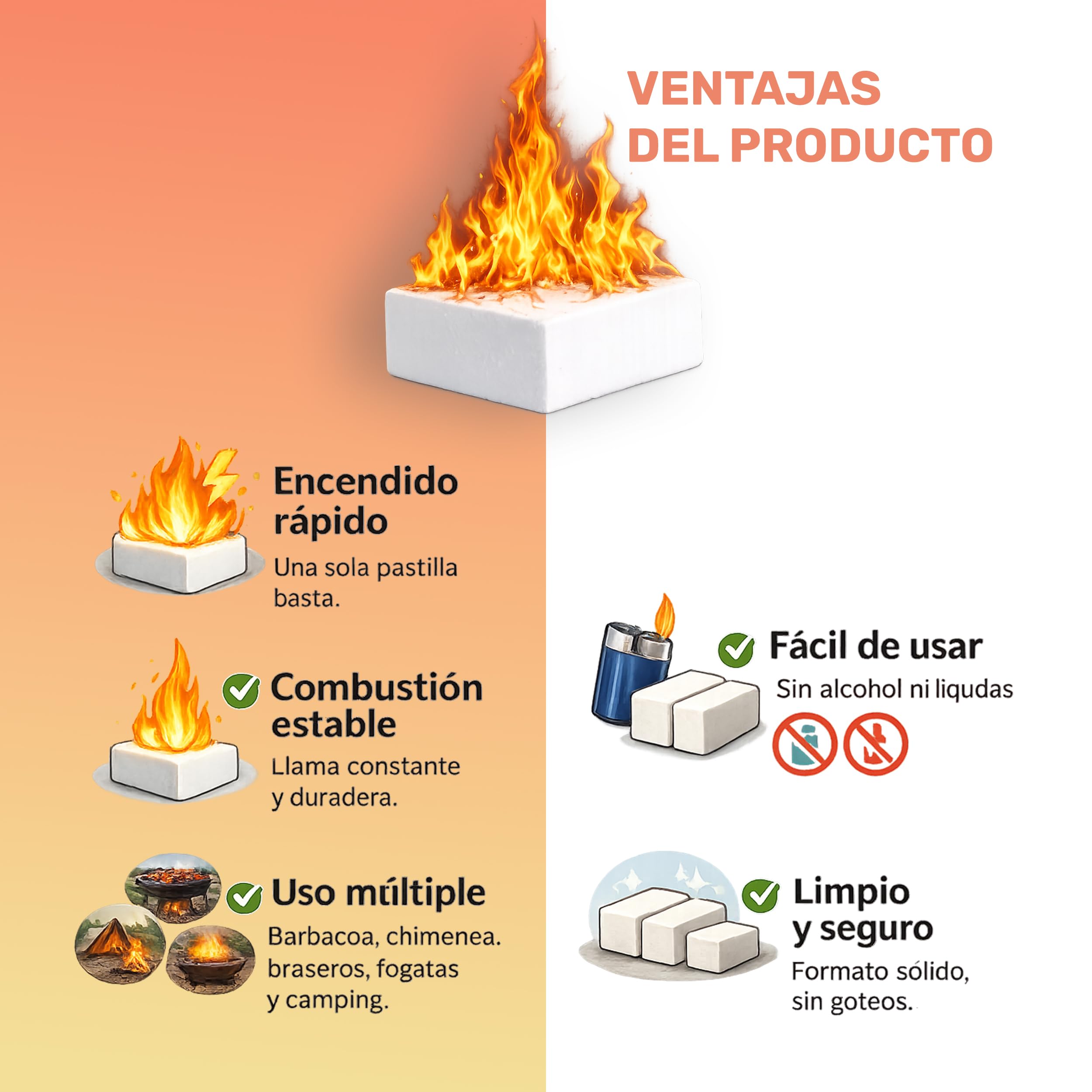 BESCH Pack 12 Pastillas de Encendido para Barbacoas y Chimeneas – Encendido Rápido y Seguro – Iniciador de Fuego Sólido para Leña, Carbón y Fogatas – Ideal para Camping y Exterior